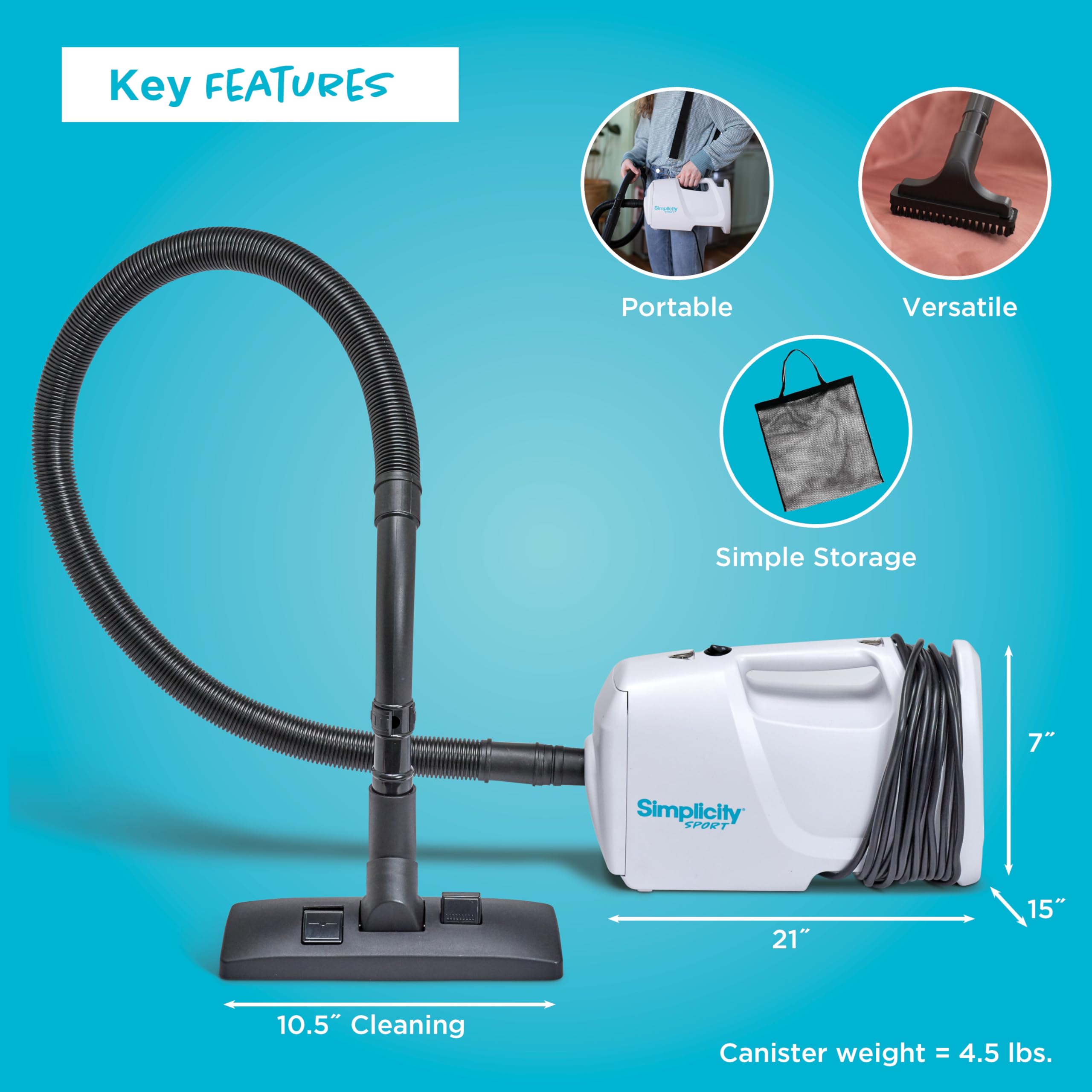 Simplicity Sport S100.6 Compact Vacuum - Lightweight for Stairs & RVs with Attachments