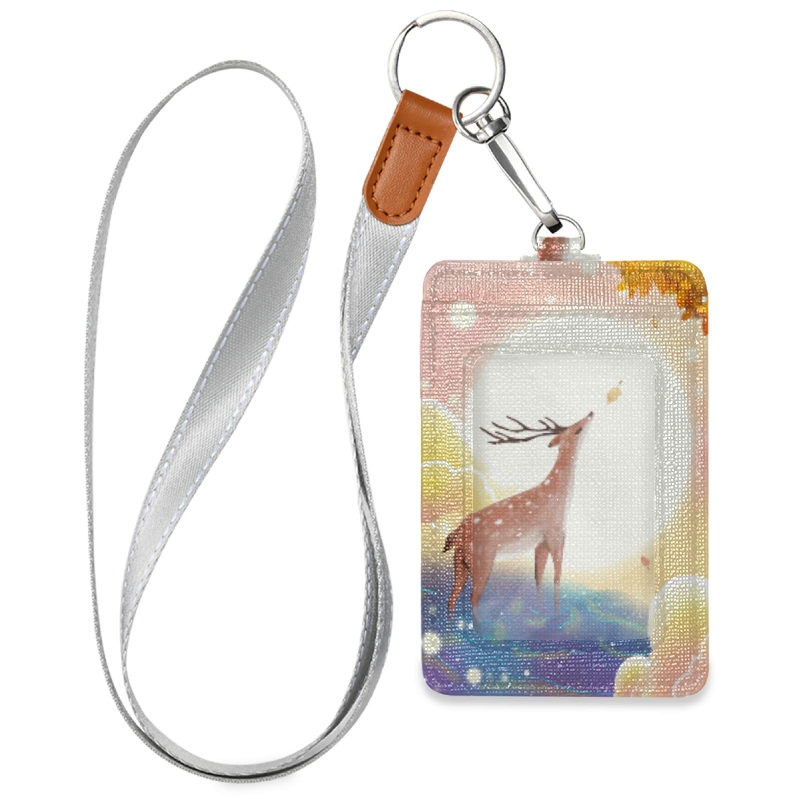 Cute Deer Vertical Leather ID Badge Holder with Lanyard - Office & School Use