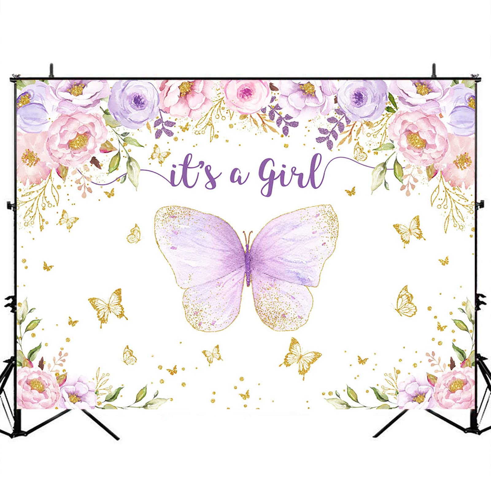 Purple & Pink Floral Gold Dot Butterfly Baby Shower Backdrop - 7x5ft It's a Girl Party Decor, Photo Booth Banner for Baby Shower, Gender Reveal & Nursery Decorations