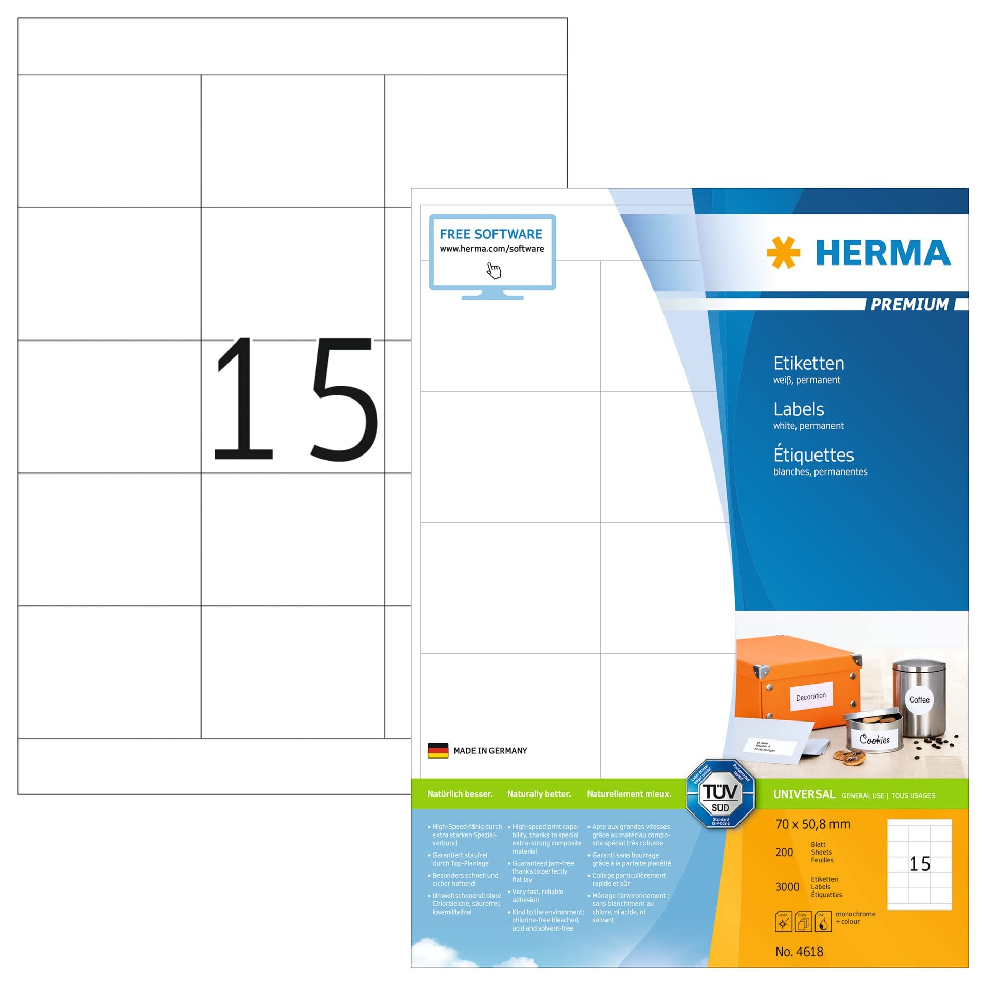 HERMA Self Adhesive Multipurpose Labels - 3000 Blank White Stickers (70x50.8mm), 15 Labels per A4 Sheet, 200 Sheets - Compatible with Laser & Inkjet Printers - Perfect for Office Organization, Shipping Labels, Product Packaging & Inventory Management