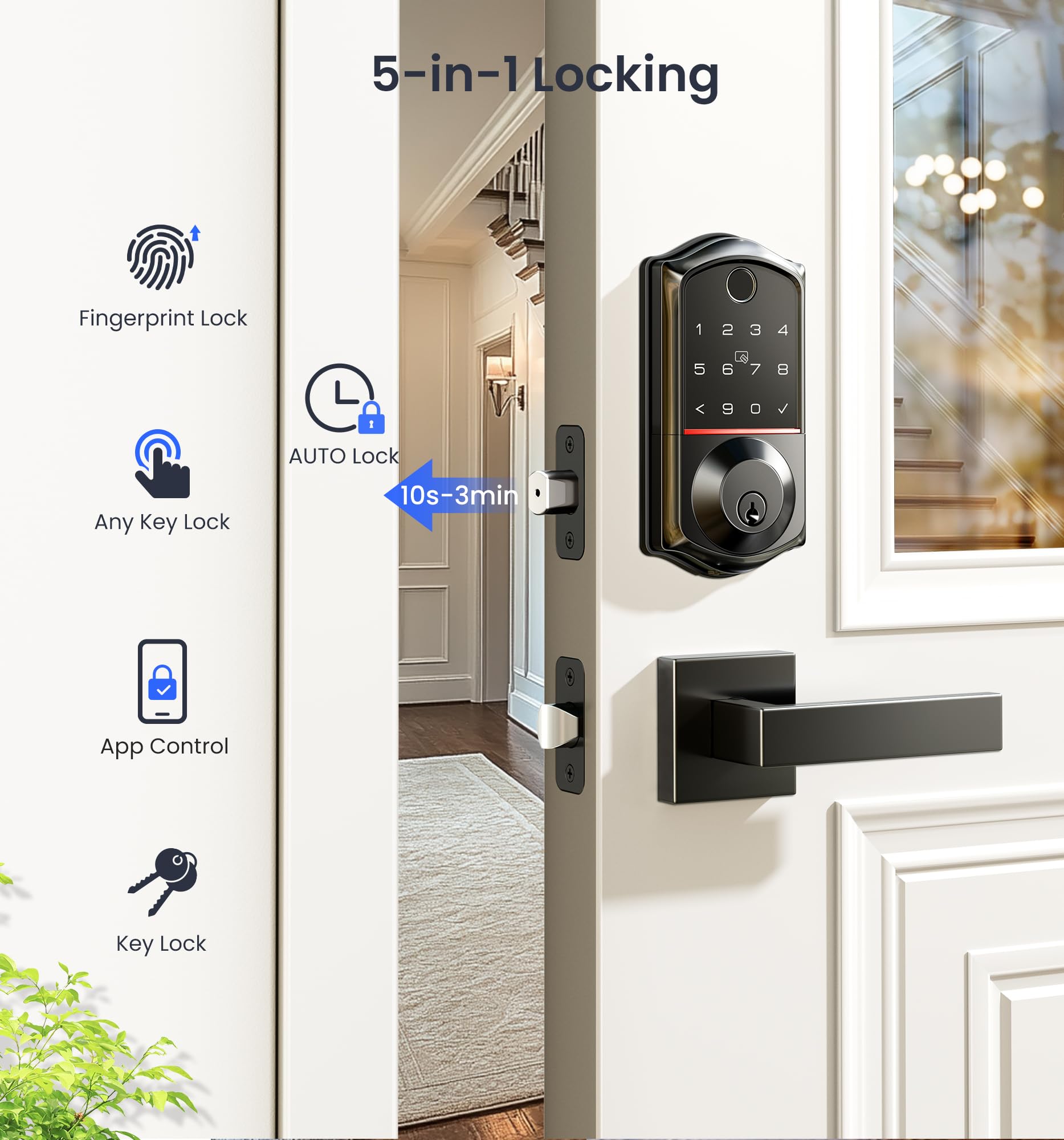 Veise Smart Door Lock with Fingerprint & App Control - 7-in-1 Keyless Entry, Auto Lock, Emergency Power Port, Touchscreen Keypad - Biometric Electronic Lock for Front Door (Matte Black) - Perfect for Homes, Apartments & Vacation Rentals