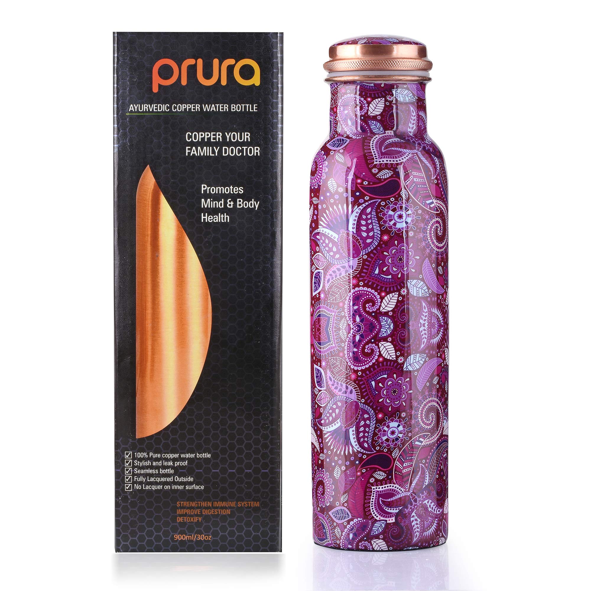 Prura Pure Printed Copper Water Bottle - 30 oz Leak Proof Ayurvedic Copper Vessel for Hydration, Sports, Gym, Yoga & Outdoor Activities | BPA-Free, Health Benefits, Perfect for Workouts, Hiking & Daily Use