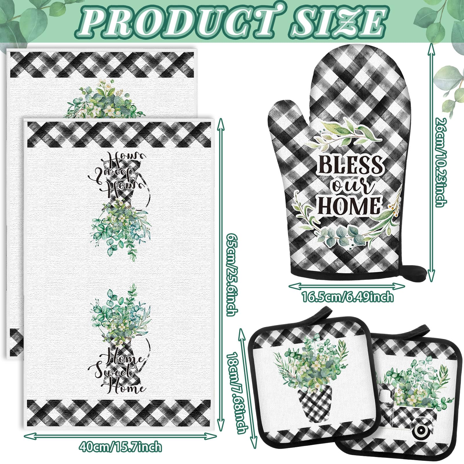 5-Piece Buffalo Plaid Oven Mitt Set - 2 Farmhouse Kitchen Towels, 2 Heat Resistant Potholders & 1 Microwave Glove for Baking, Cooking & Kitchen Decor (Eucalyptus Green) - Perfect for Holiday Cooking, BBQ & Farmhouse Style Kitchens