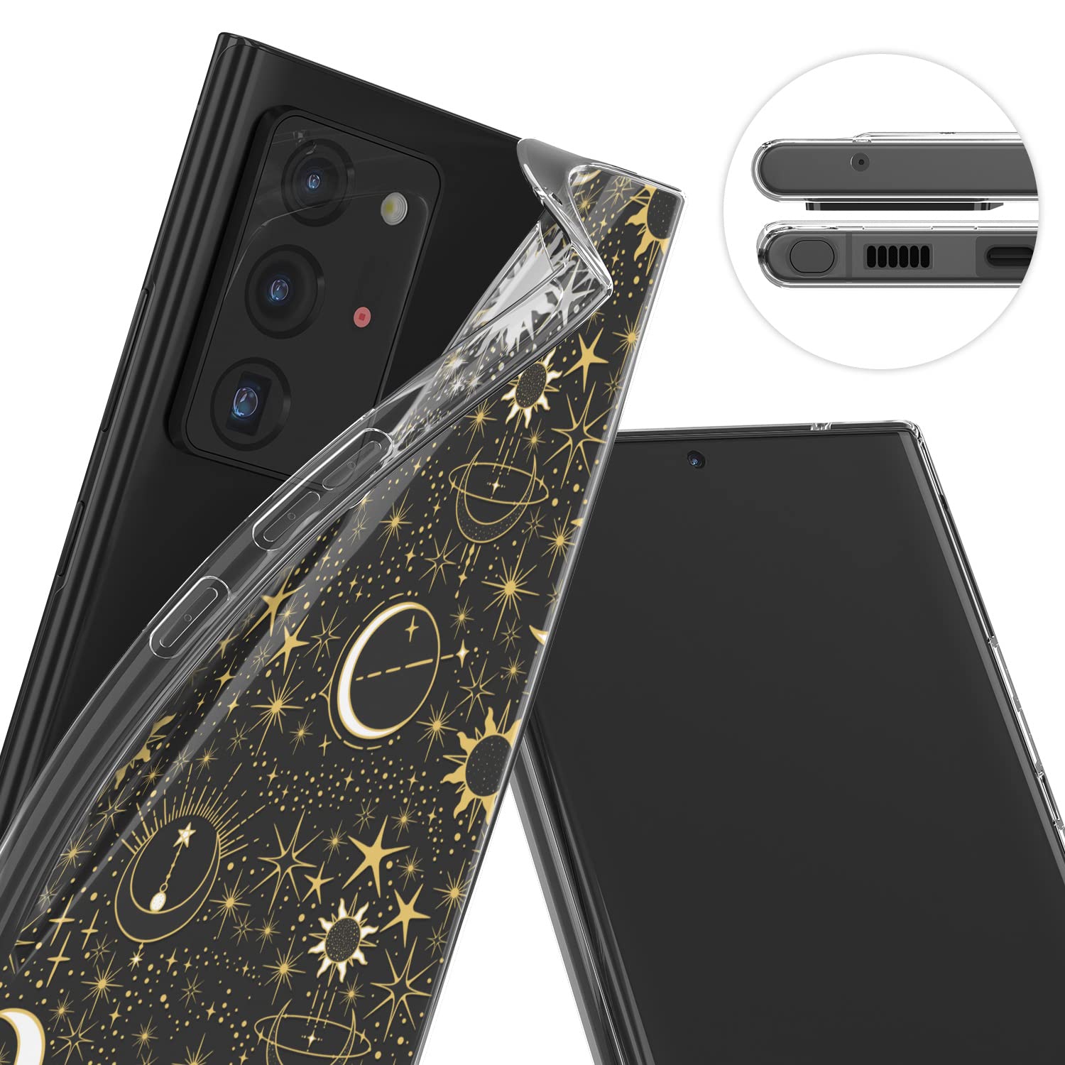Shockproof Clear Silicone Phone Case for Samsung Galaxy S24/S23 Ultra/S22+/S21 FE 5G/S20/Note 20 - Celestial Moon & Stars Aesthetic TPU Protective Cover | Lightweight Slim Fit for Daily Use & Travel Protection