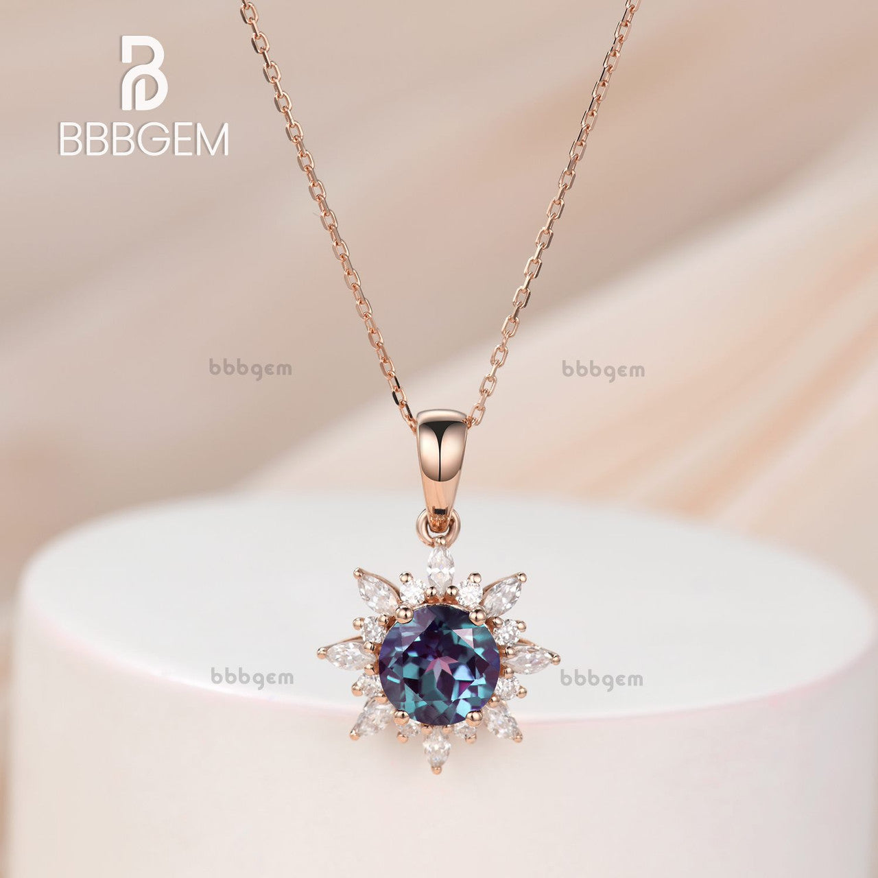 14K Rose Gold Round Alexandrite & Moissanite Flower Pendant Necklace - June Birthstone Jewelry for Women, Elegant Gift for Anniversary, Birthday & Special Occasions