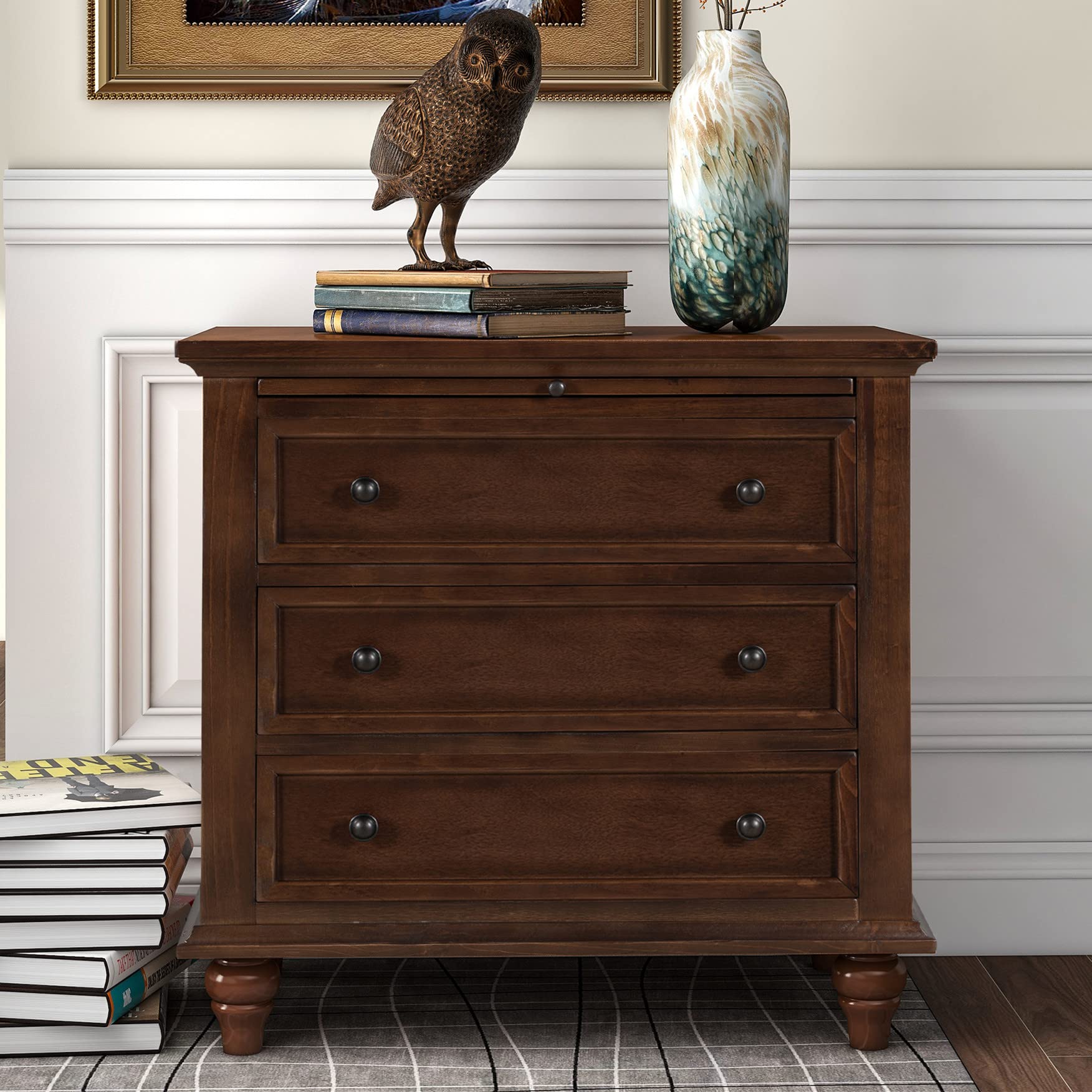 Brown Wood Nightstand with 3 Drawers & Pull-Out Tray - 28