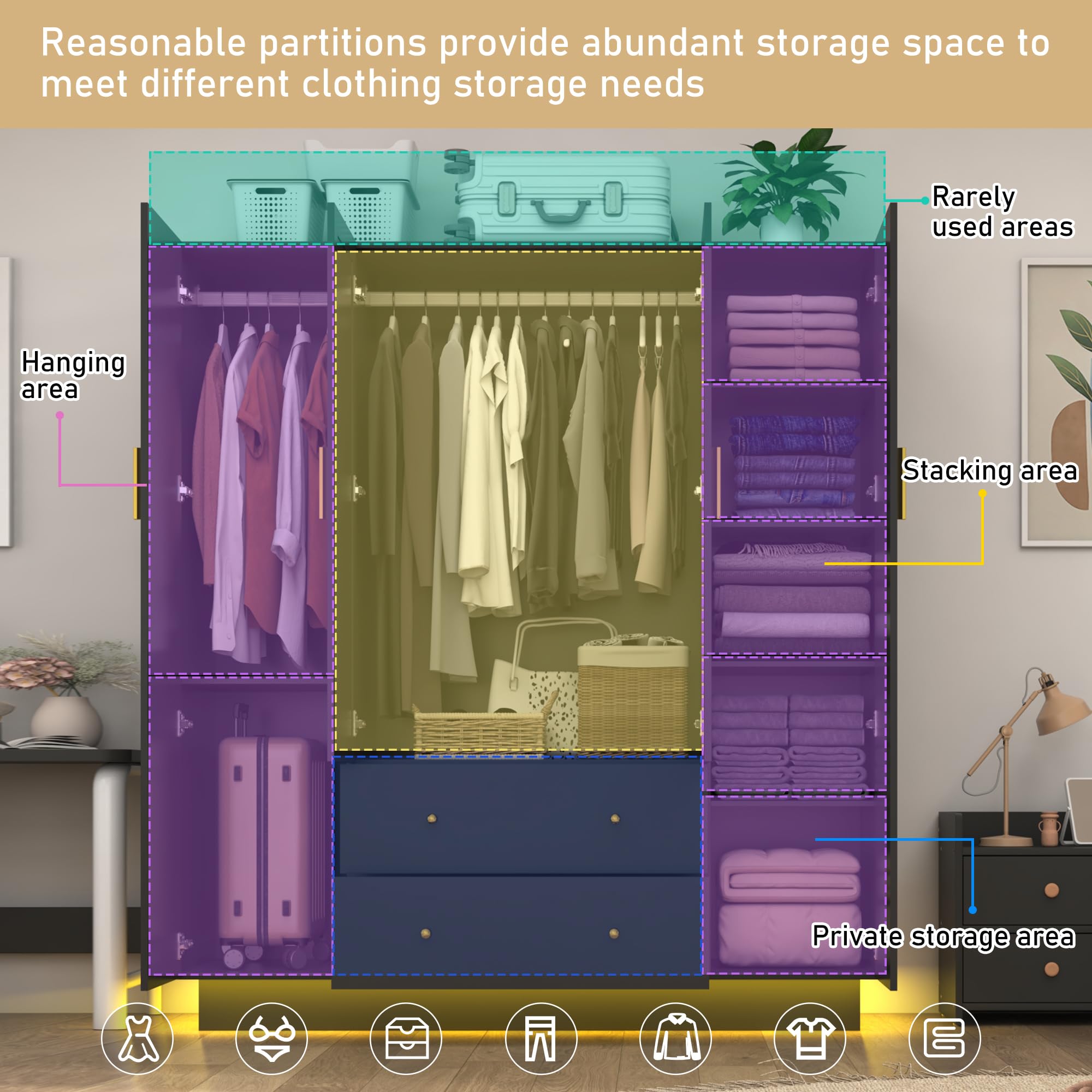 4 Door Wardrobe Closet with Mirrors & LED Lights - Modern Wooden Armoire with Drawers, Shelves & Hanging Rod for Bedroom Storage - Perfect for Closet Organization & Home Decor (Black)