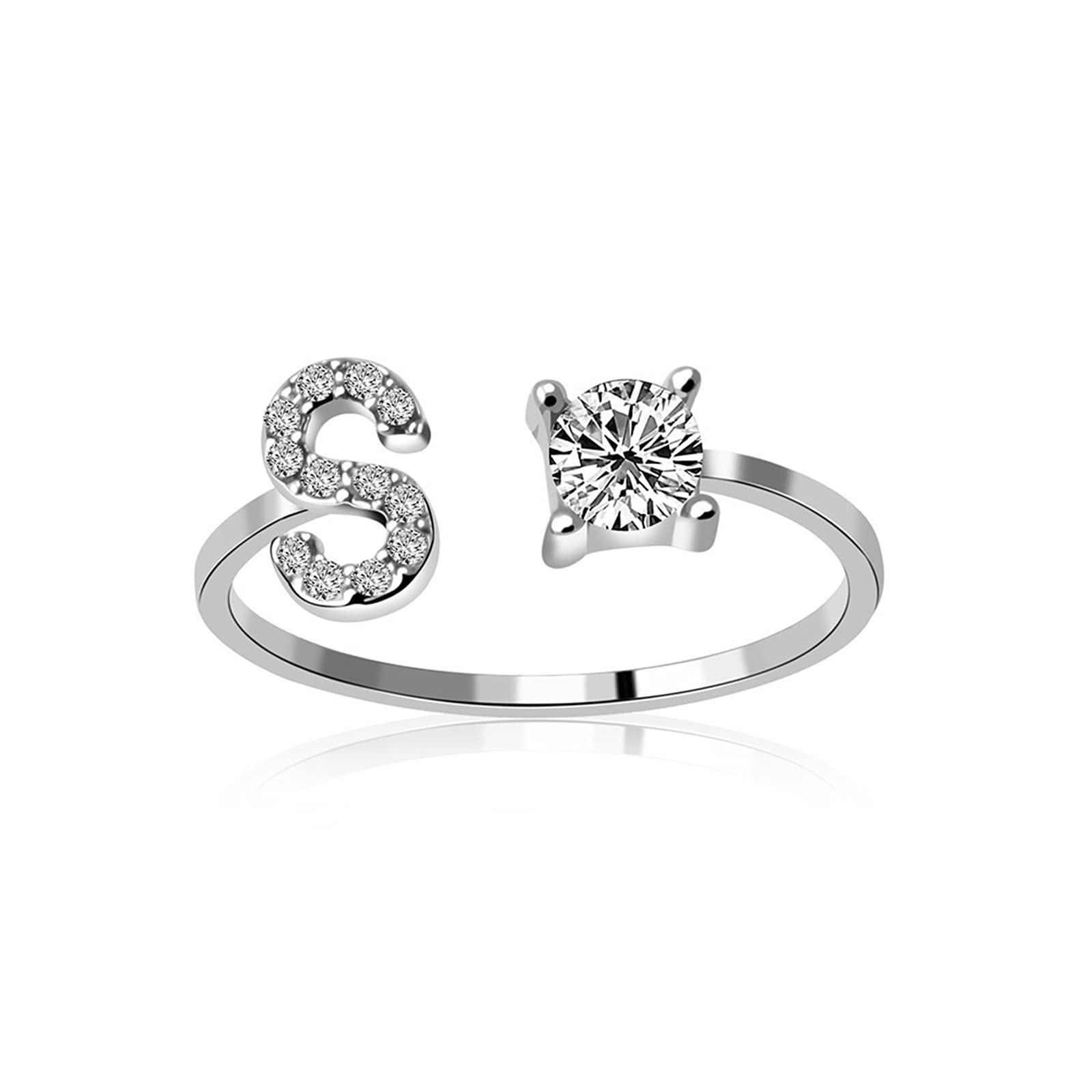 Adjustable Silver Alphabet Letter Rings for Women - Personalized Initial Zircon Opening Ring Jewelry - Perfect for Mother's Day, Wedding Anniversary, Birthday Party Gifts & Everyday Fashion (Size S)