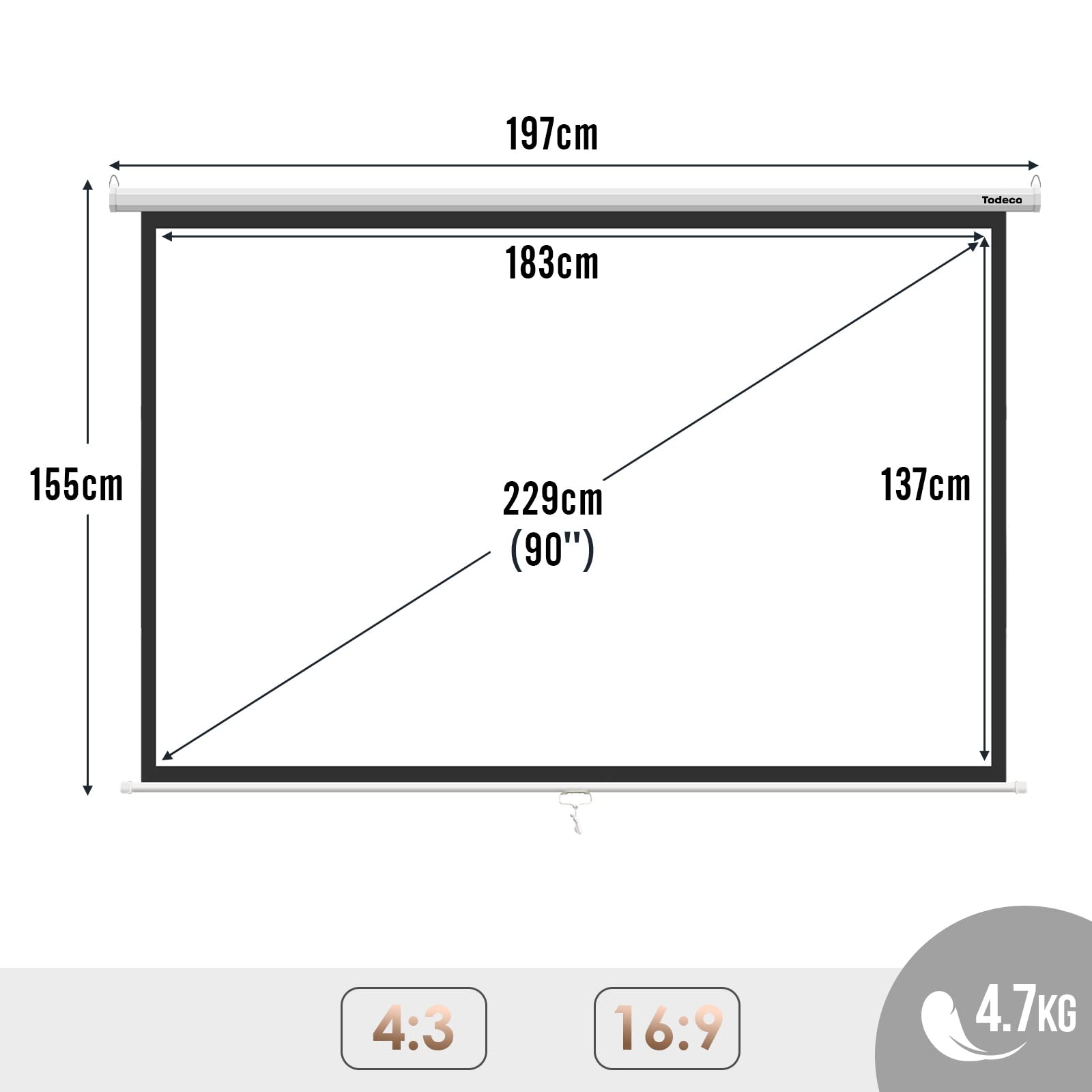 Todeco 90 Inch Manual Pull Down Projector Screen - Wall or Ceiling Mounted for Home Theater & Office Presentations (137x183cm, 4:3 Aspect Ratio) - HD 4K 3D Compatible - Perfect for Movie Nights, Gaming & Business Meetings