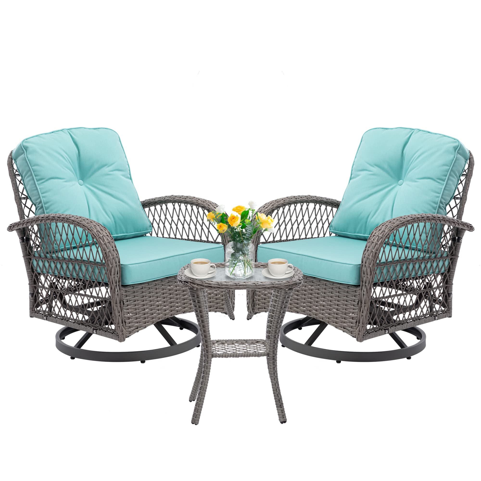 HOMEFUN 3-Piece Outdoor Swivel Rocker Patio Set - 360 Degree Rotating Wicker Bistro Chairs with Cushions & Coffee Table - Perfect for Garden, Balcony, and Backyard Relaxation