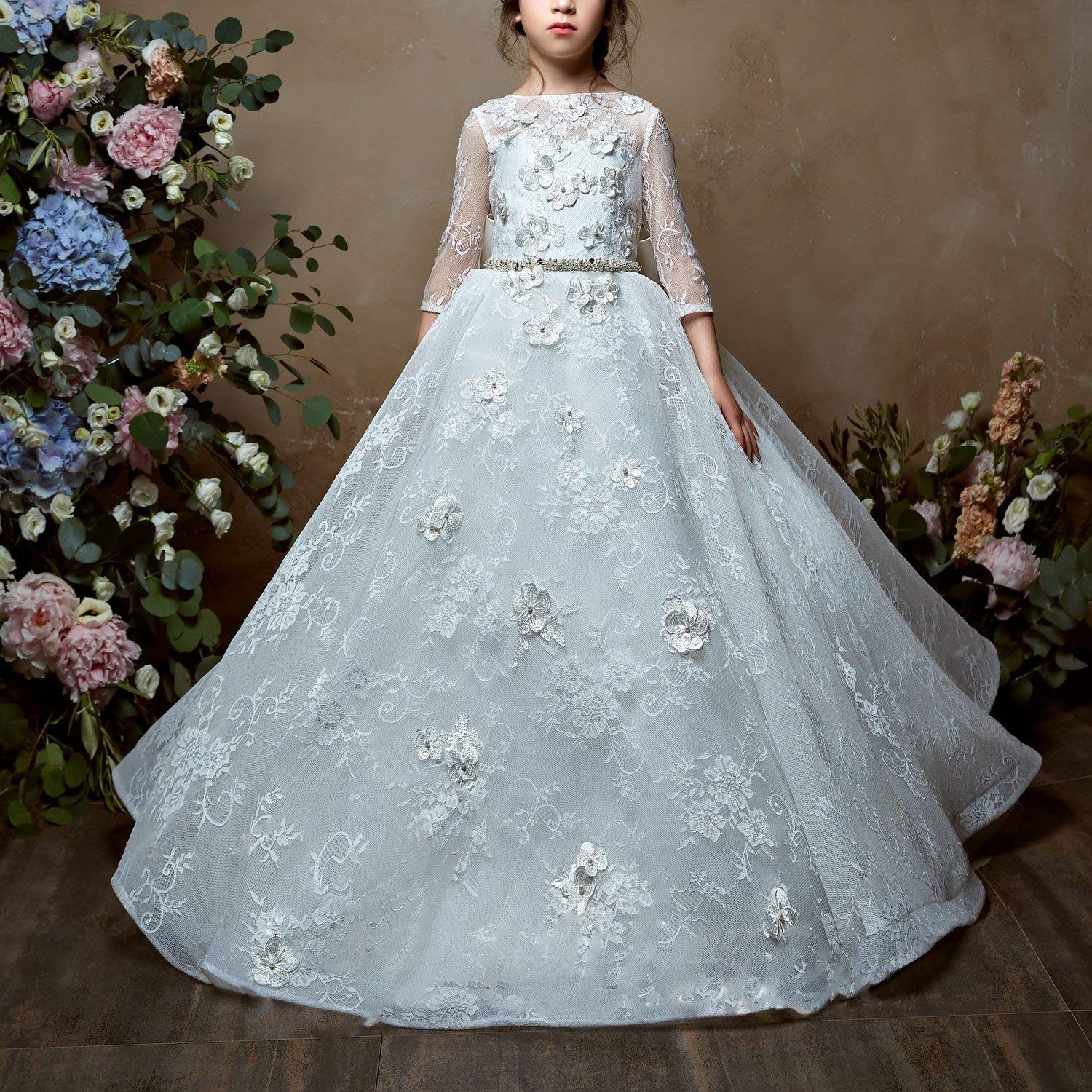 Elegant Long Sleeve Lace Flower Girl Dress for Weddings, Pageants & Formal Parties - Perfect for Little Girls' Special Occasions