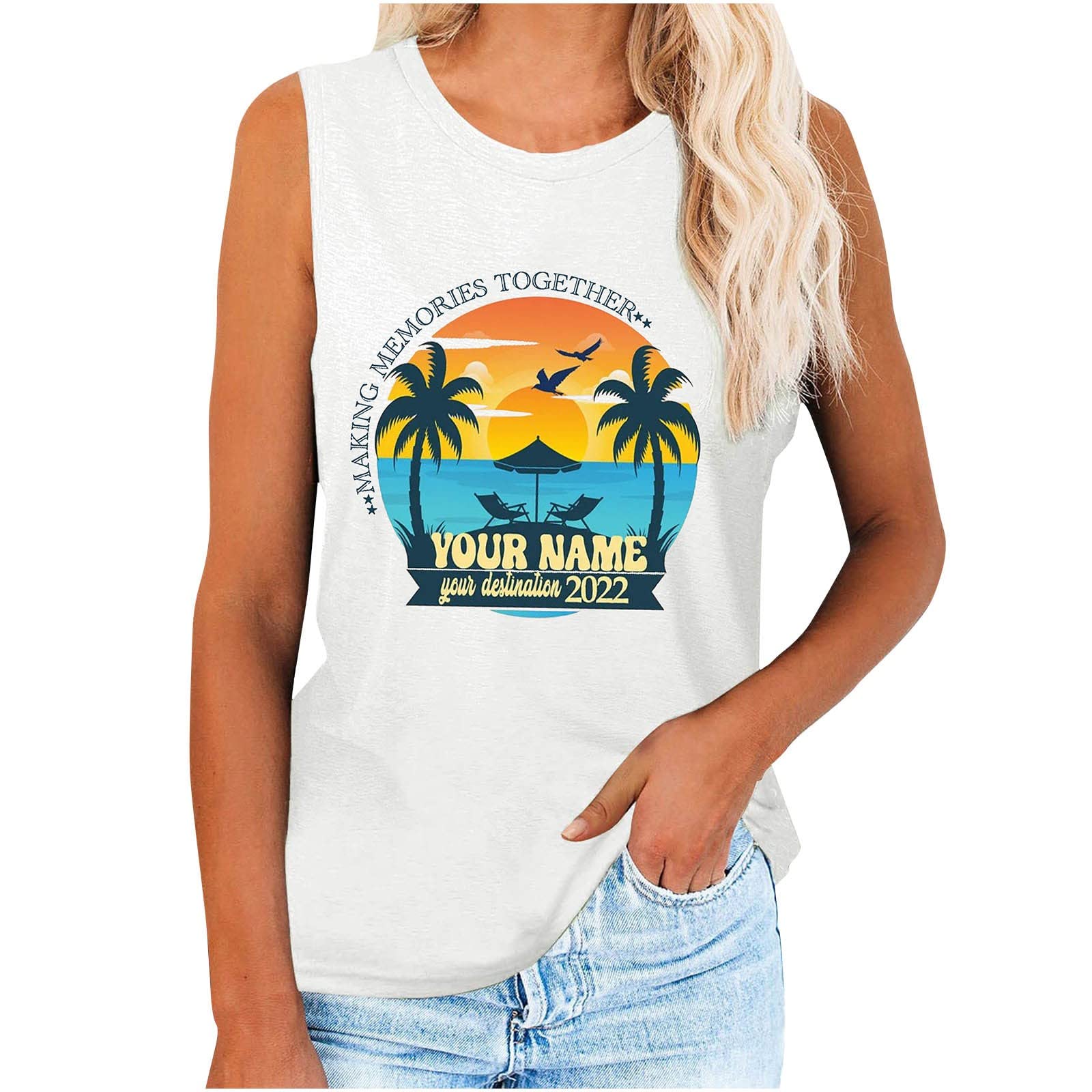 MRGIINRI Women's Summer Sleeveless Tank Tops - Casual Crew Neck Loose Fit Comfortable T-Shirts with Vacation Landscape Print - Perfect for Beach Outings, Travel, and Everyday Wear
