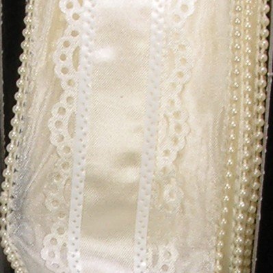 Elegant Cream Satin Ribbon with Lace Trim & Pearl Wired Edge - 2.5