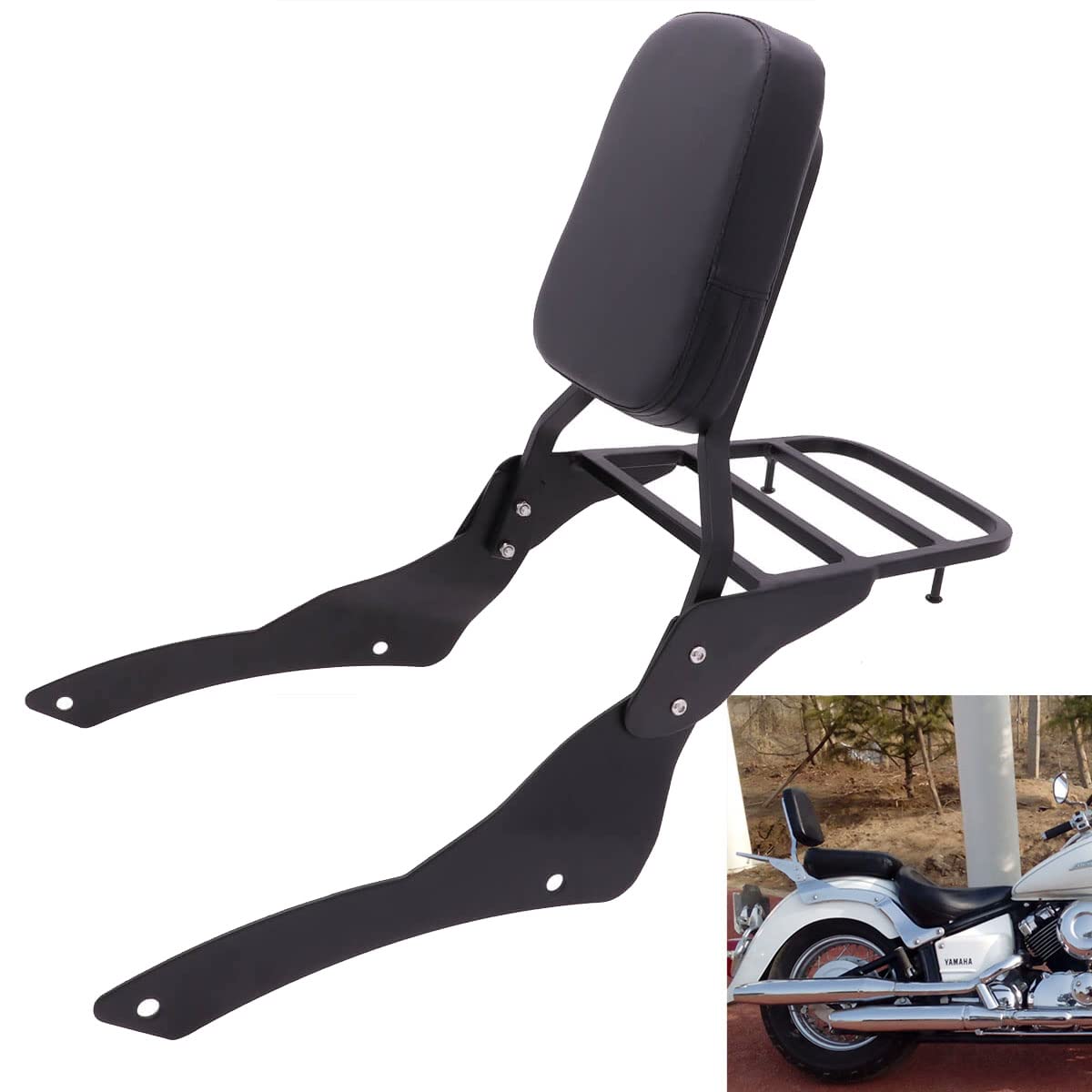 Yamaha V Star 650 400 Classic XVS650 XVS400 DragStar Passenger Sissy Bar with Backrest & Luggage Rack (1998-2018) - Black | Comfortable Rear Seat Support for Long Rides & Touring