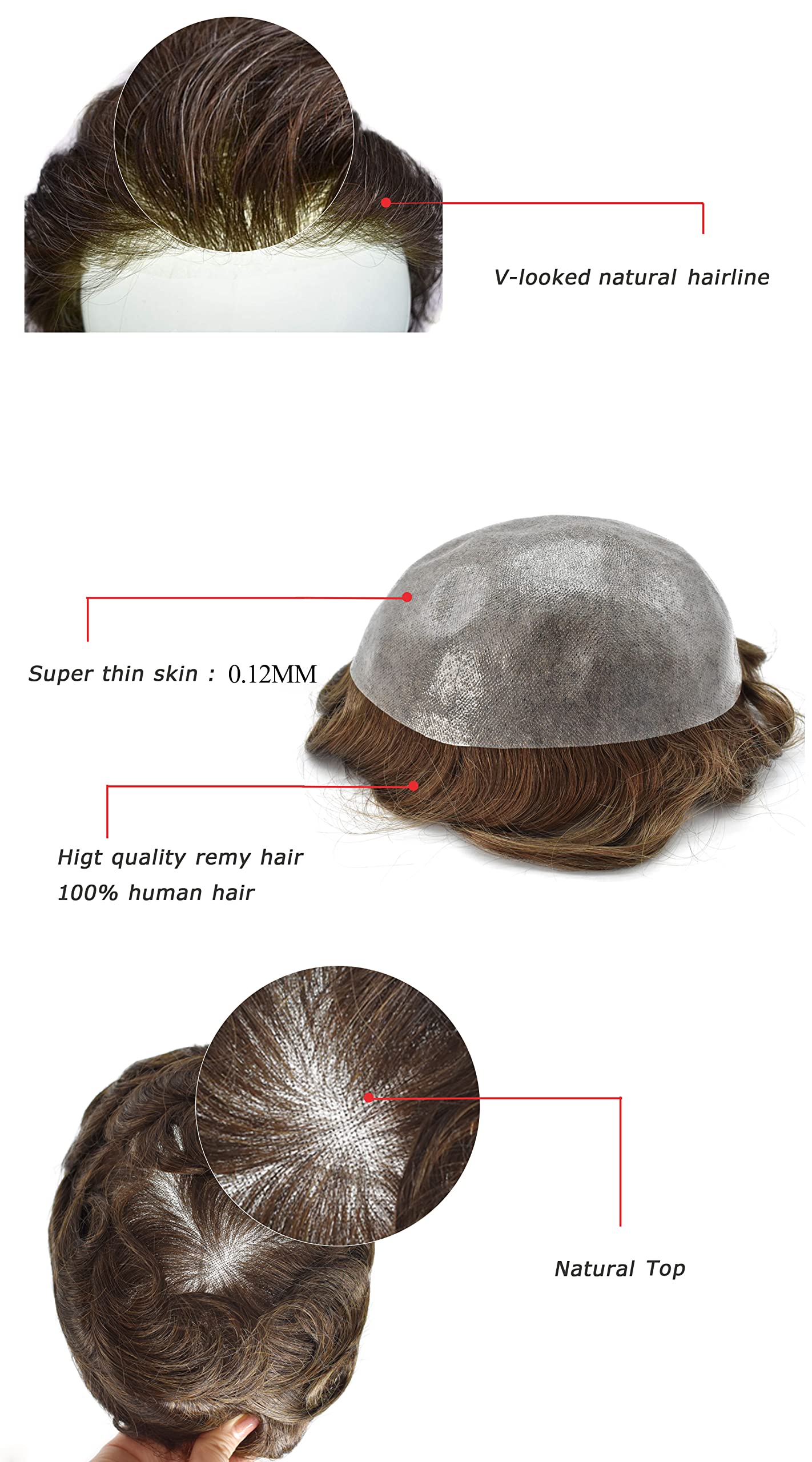 Premium 100% European Human Hair Toupee for Men - 0.12mm Thin Skin V-looped Hair Replacement System with Durable Poly Base (8