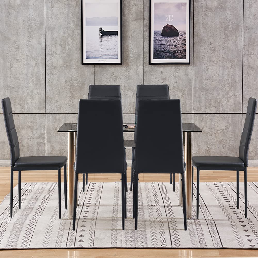 4HOMART Yvonne&F.L.A.M. Modern 7-Piece 2-Tier Glass Top Dining Table Set with 6 Faux Leather Chairs - Compact Kitchen Table for Small Spaces, Apartments & Cozy Family Gatherings