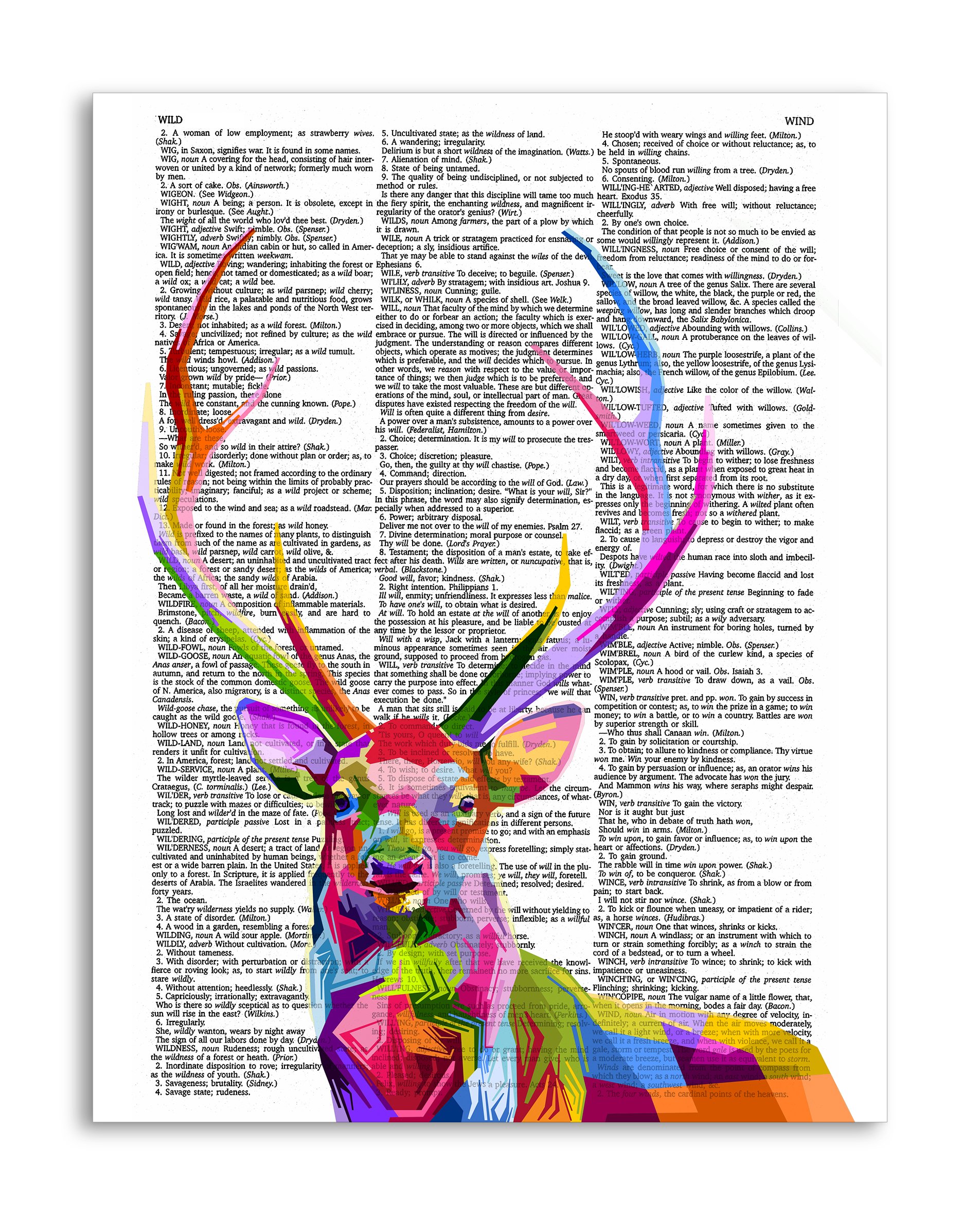Chromatic Stag 8.5x11 Inch Vintage Dictionary Art Print - Mixed Media Wall Decor Poster on Semi-Translucent Paper for Living Room, Bedroom & Office Decor