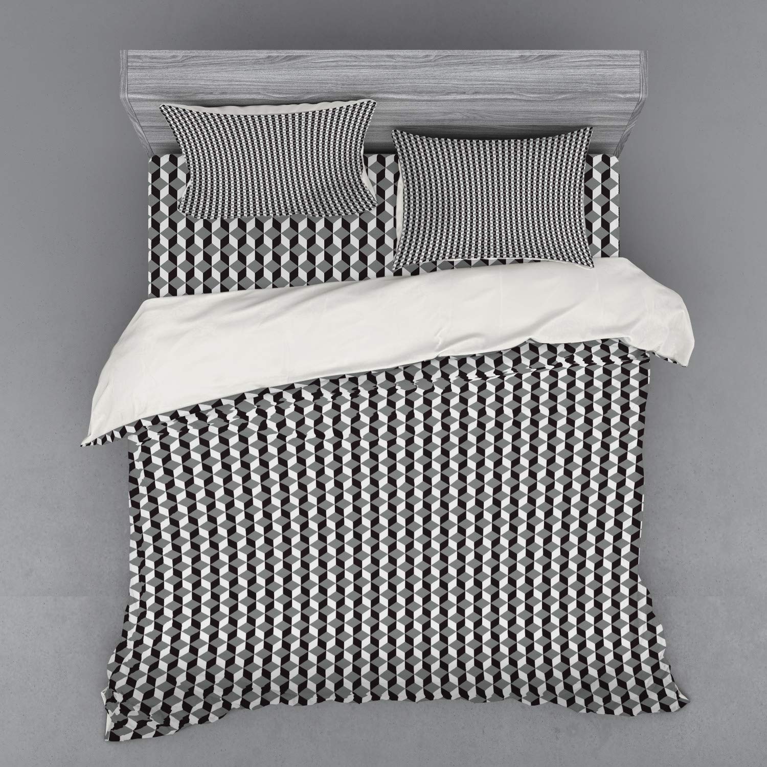 Ambesonne Geometric Duvet Cover Set - King Size 4-Piece Bedding with Herringbone Zigzag & Stacked Cubes Pattern in Black, Grey & Pale Grey | Includes Shams & Fitted Sheet | Modern Bedroom Decor for Contemporary Homes