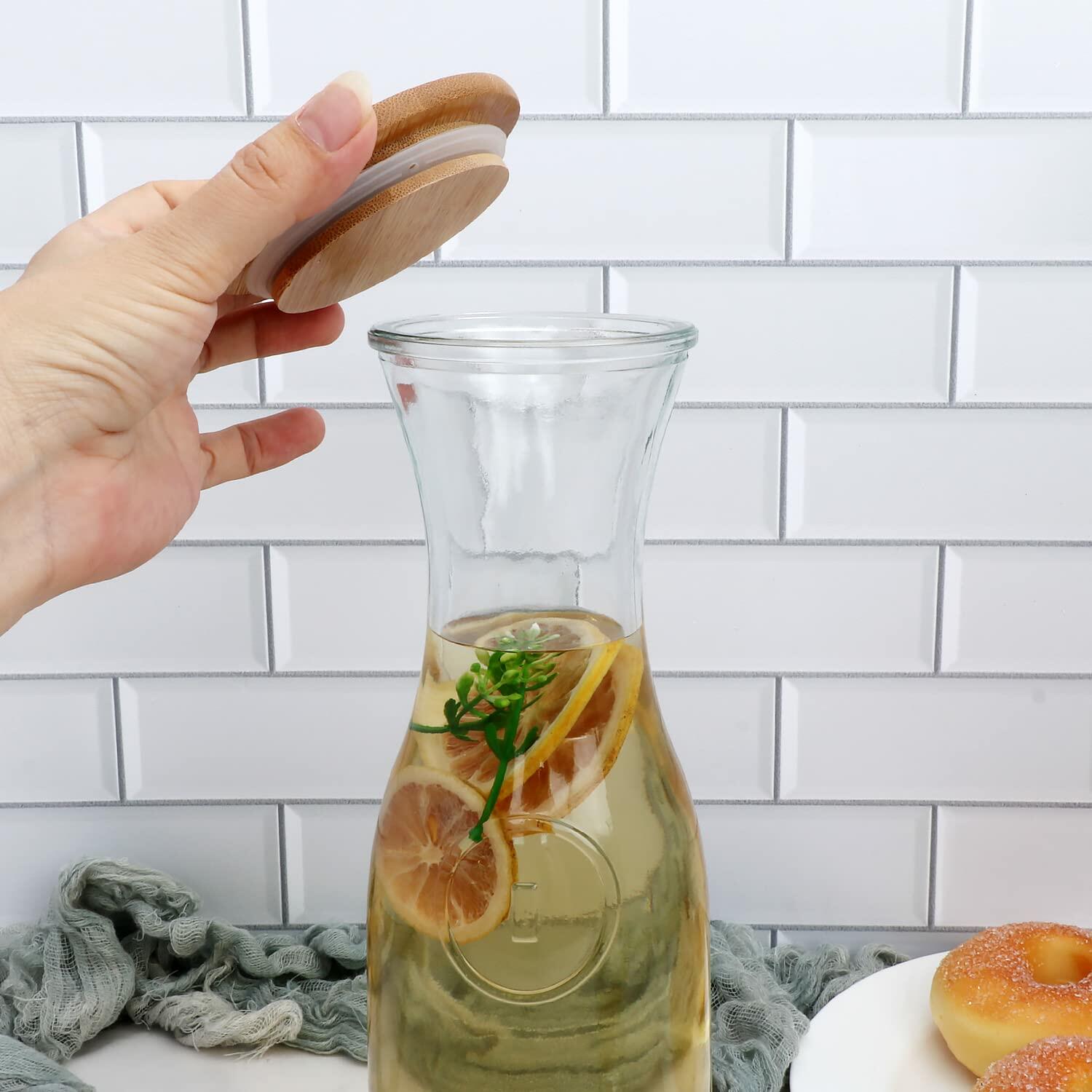 35oz Glass Carafe with Wooden Lid - 6-Piece Set for Wine, Fruit Tea, Juice & Water - Perfect for Parties, Dining & Home Entertaining