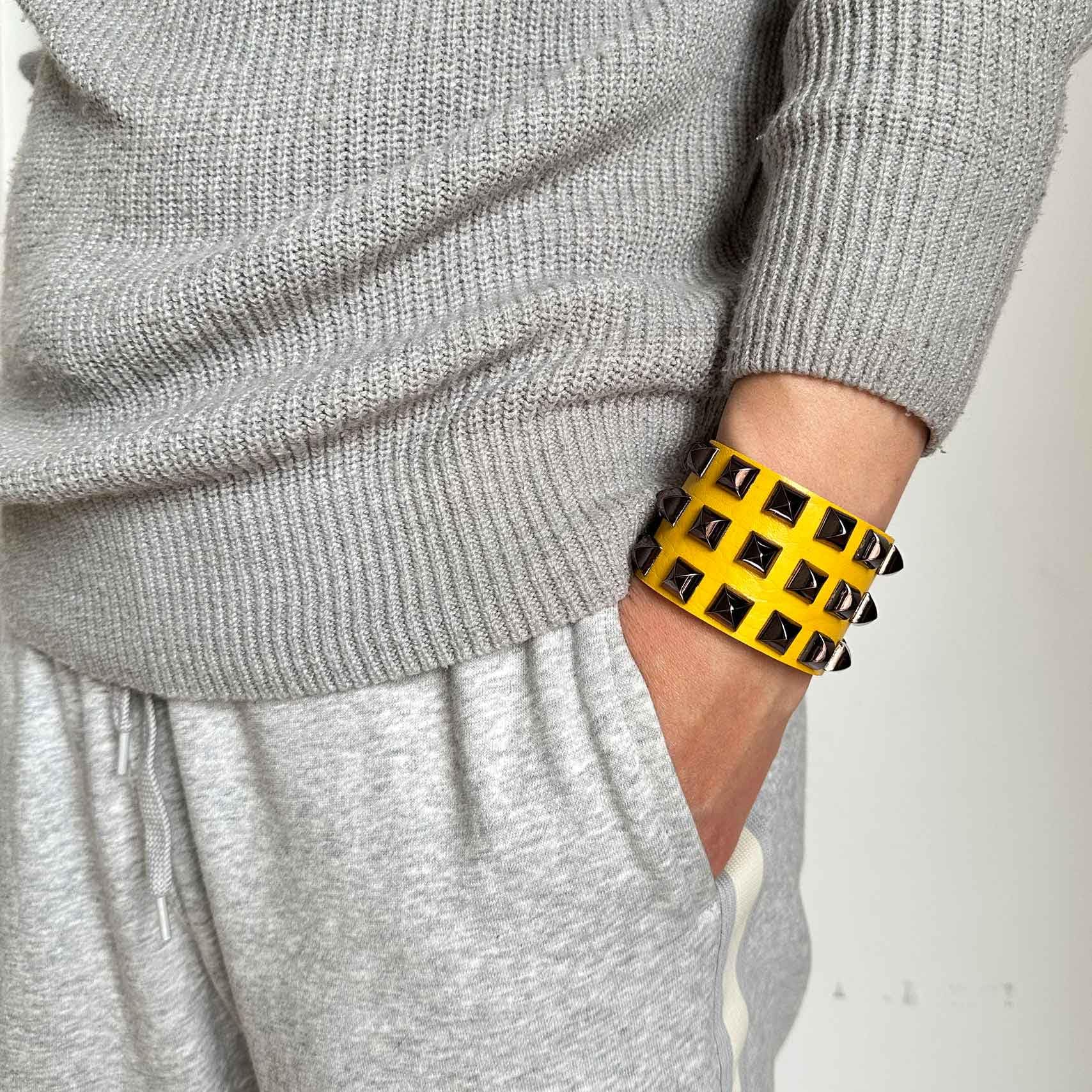 Punk Rock Pyramid Rivet Studded Wristband - Wide PU Leather Arm Cuff Bracelet for Women & Men - Gothic Fashion Accessory for Concerts, Parties & Halloween Costumes
