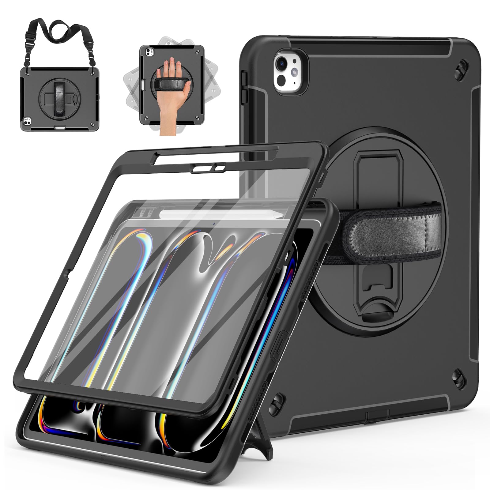 Military Grade Shockproof iPad Pro 13 Inch Case (2024, 7th Gen) - Heavy Duty Protection with Rotating Stand, Pencil Holder & Screen Protector - Perfect for Travel, Work & Outdoor Use - Black