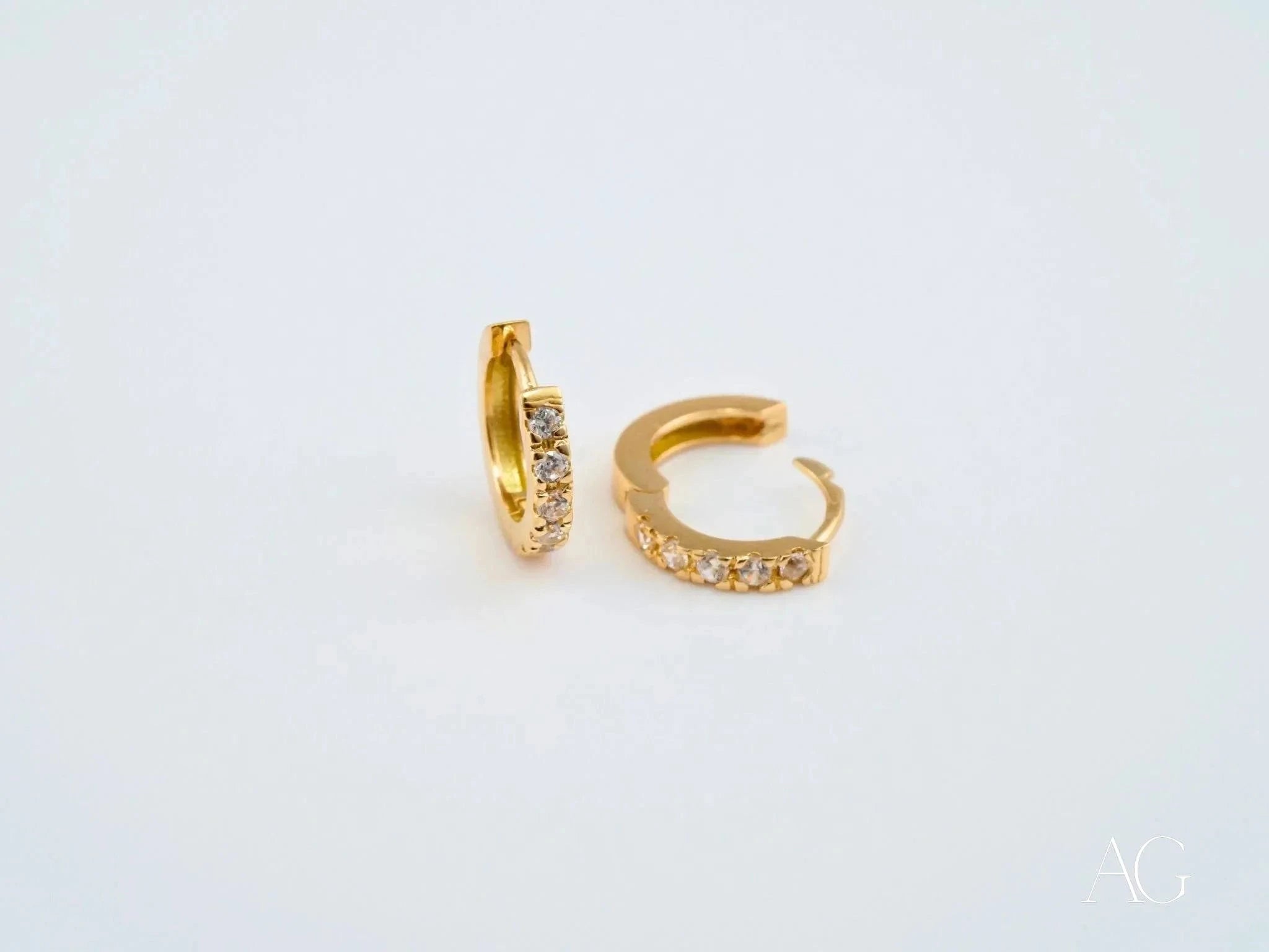 18K Yellow Gold Mini Hoop Earrings with Sparkle - Timeless Elegance for Everyday Wear & Special Occasions