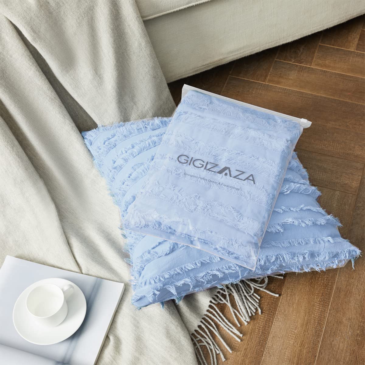 GIGIZAZA Decorative Throw Pillow Covers 26x26 Inch - Sky Blue Square Couch Pillow Covers, Cotton Sofa Boho Cushion Pillows for Living Room, Bedroom & Outdoor Decor