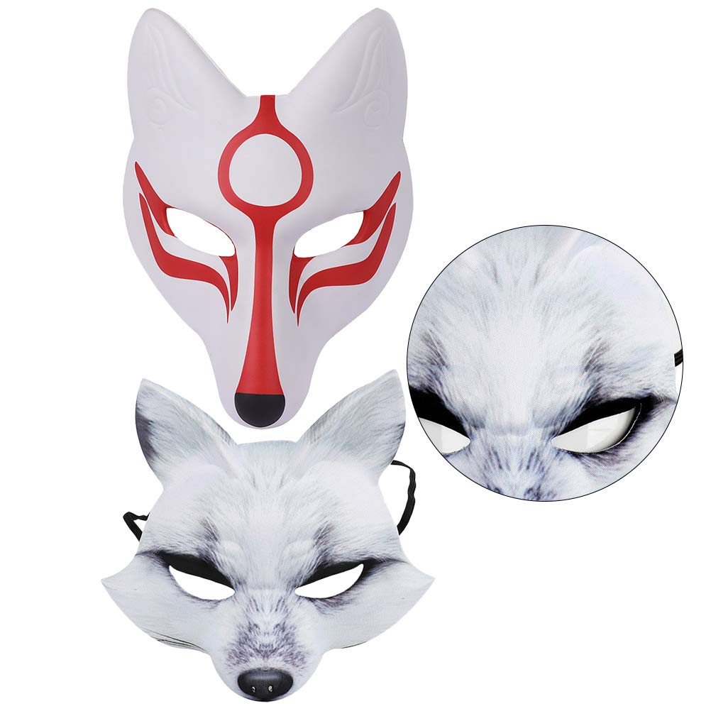 2PCS Halloween Fox Mask - White & Red Animal Cosplay Mask for Dance Party, Masquerade, Prom, Japan Festival | Perfect for Halloween Costume, Cosplay Events & Themed Parties