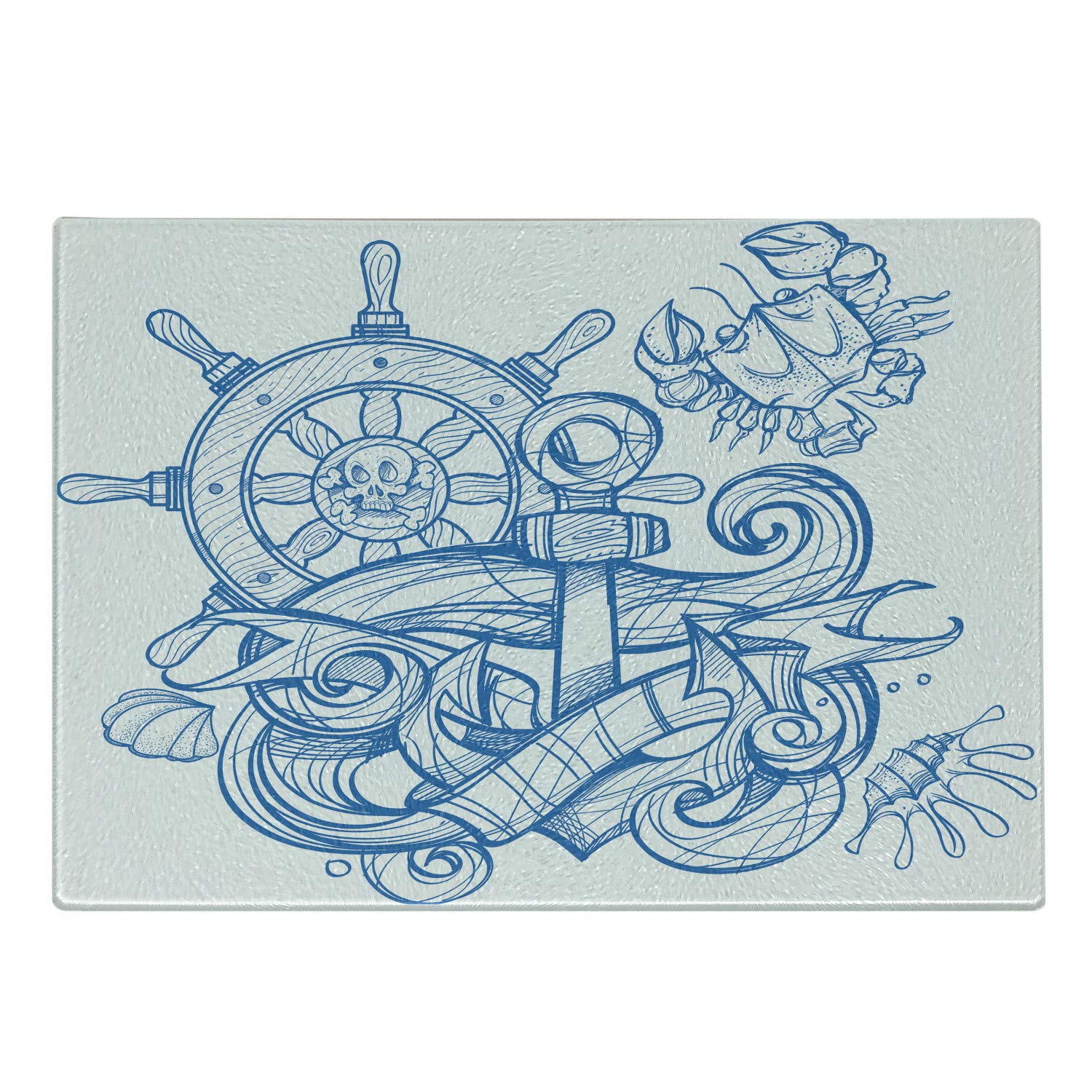 Vintage Nautical Tattoo Cutting Board - Pirate Anchor & Steering Wheel Design - Tempered Glass Serving Board with Crab & Waves Print - Small Size in Azure Blue & White - Perfect for Kitchen Decor, Cheese Platter & Party Serving