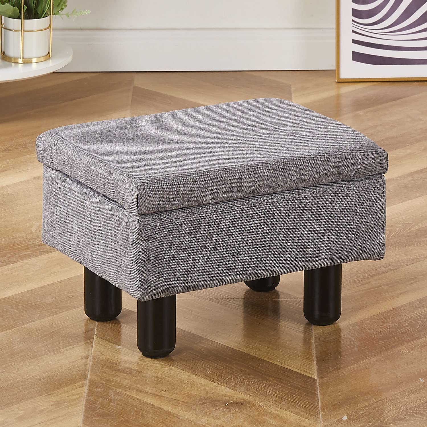 Modern Linen Foot Stool Ottoman with Solid Wood Legs - Dark Grey Storage Footrest, Step Stool & Accent Seat for Living Room, Couch | Perfect for Extra Seating, Foot Support & Home Organization