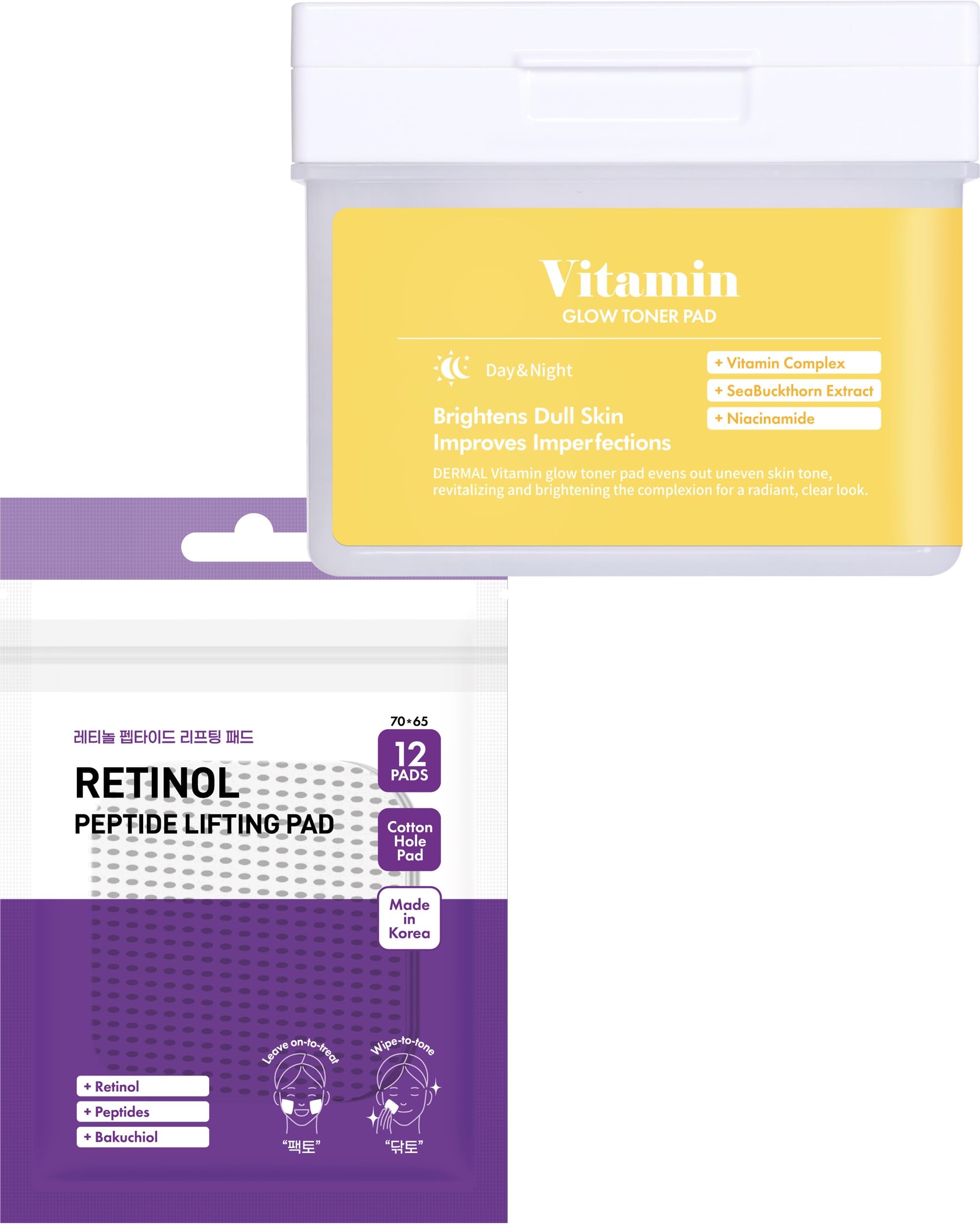 Dermal Retinol Peptide Lifting Pads & Vitamin C Toner Pads Set - Anti-Aging Skincare Travel Kit for Wrinkles & Brightening | Perfect for On-The-Go Glow & Overnight Repair