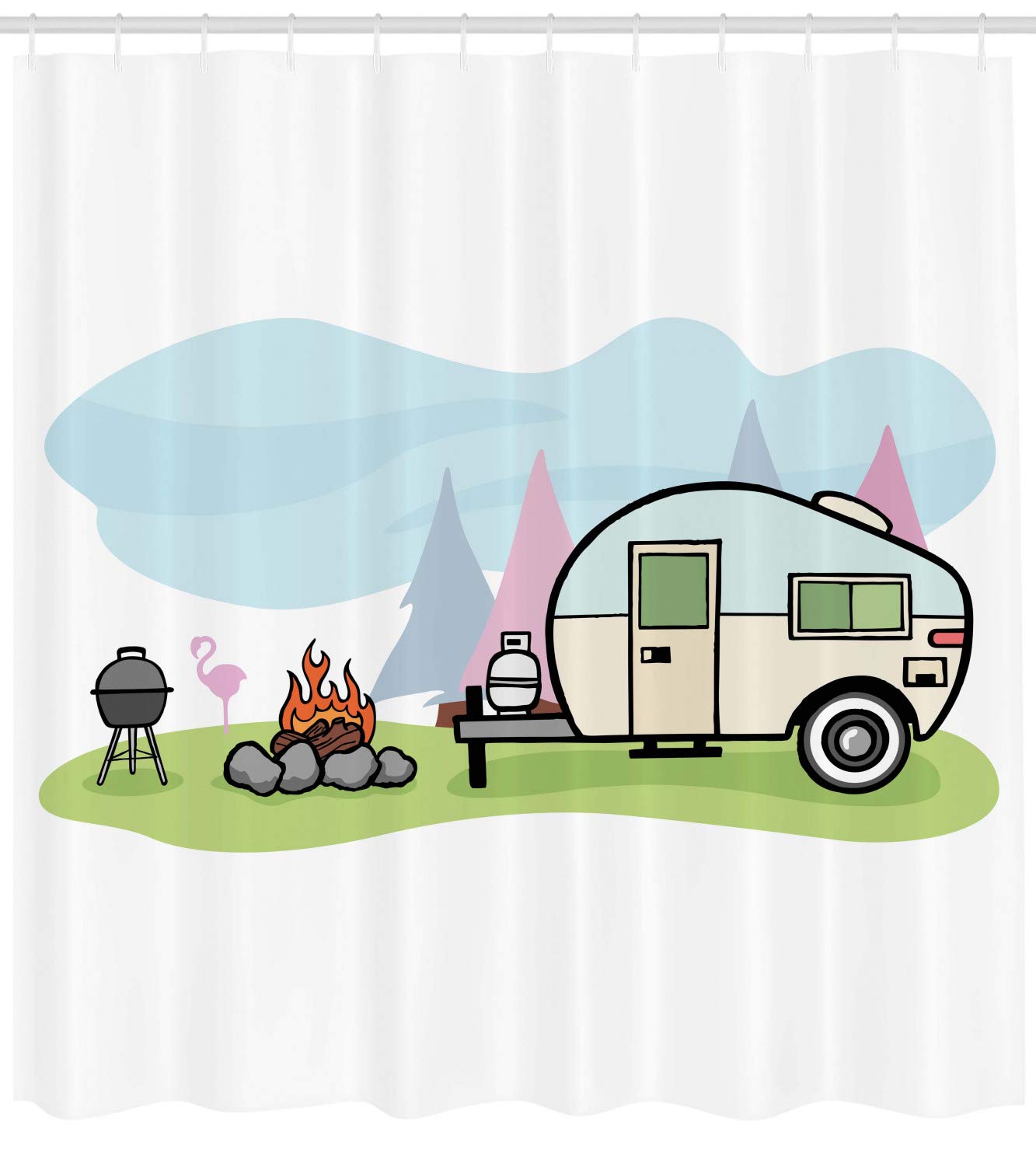 Ambesonne Camping Themed Travel Shower Curtain - Cartoon Style Camp Trailer, Bonfire & BBQ Design - 69