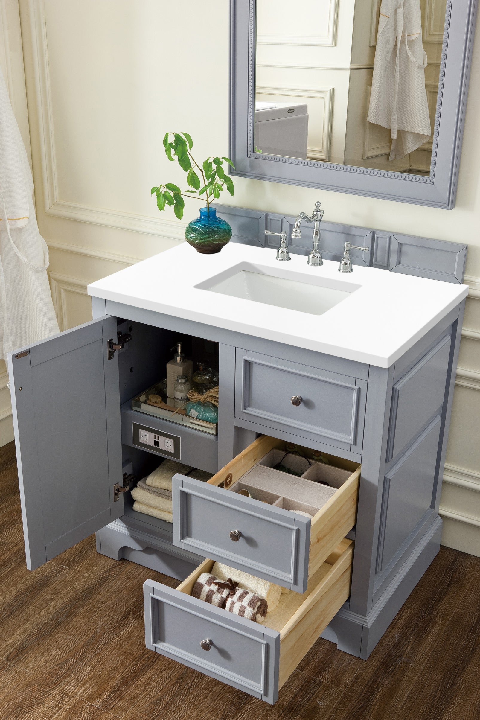 De Soto 36 Inch Single Bathroom Vanity with 3CM Classic White Quartz Countertop - Silver Gray Finish for Modern Home & Apartment Renovation