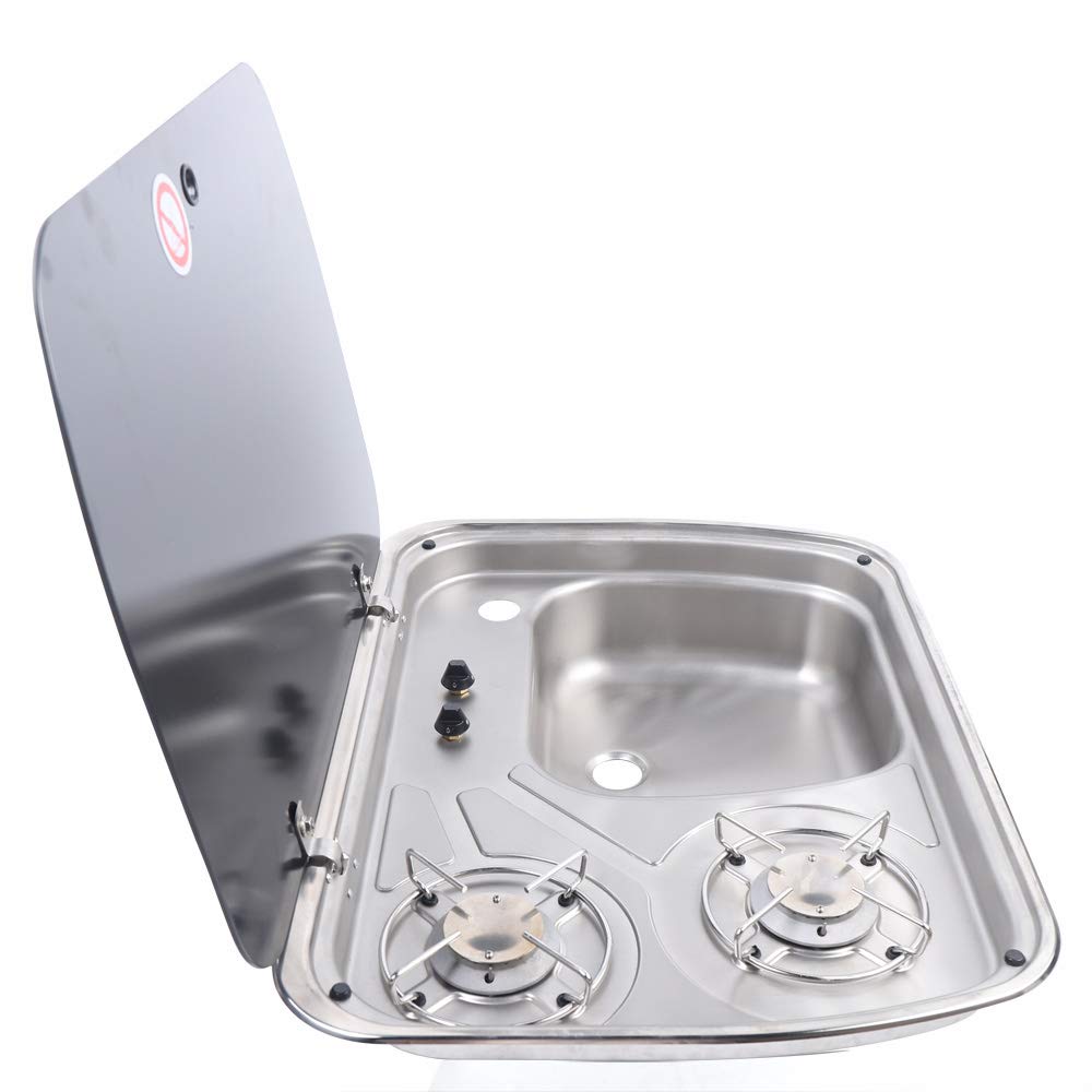 Gdrasuya10 RV Gas Stove with Sink Combo - 2-Burner LPG Cooktop with Knob Control, SS304 Stainless Steel & Tempered Glass Lid - Perfect for RV, Boat, Caravan & Outdoor Cooking Adventures