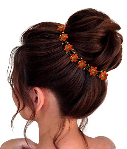 Small Flower Hair Pins for Women & Girls - 1718 Orange Braid Hair Accessories | Hair Flare Vein for Weddings, Parties & Everyday Styling