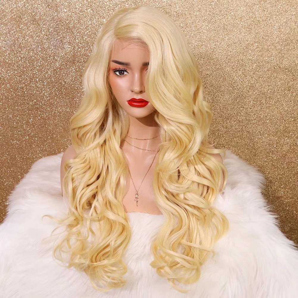 Imeya 24 Inch Blonde Lace Front Wig - Heat Friendly Synthetic Hair for Women | Glueless 13x4 Swiss Lace Body Wave #613 Wig | Side Parting Golden Blonde Cosplay & Everyday Wig | 150% Density Natural Look | Perfect for Daily Wear, Parties & Costume Events