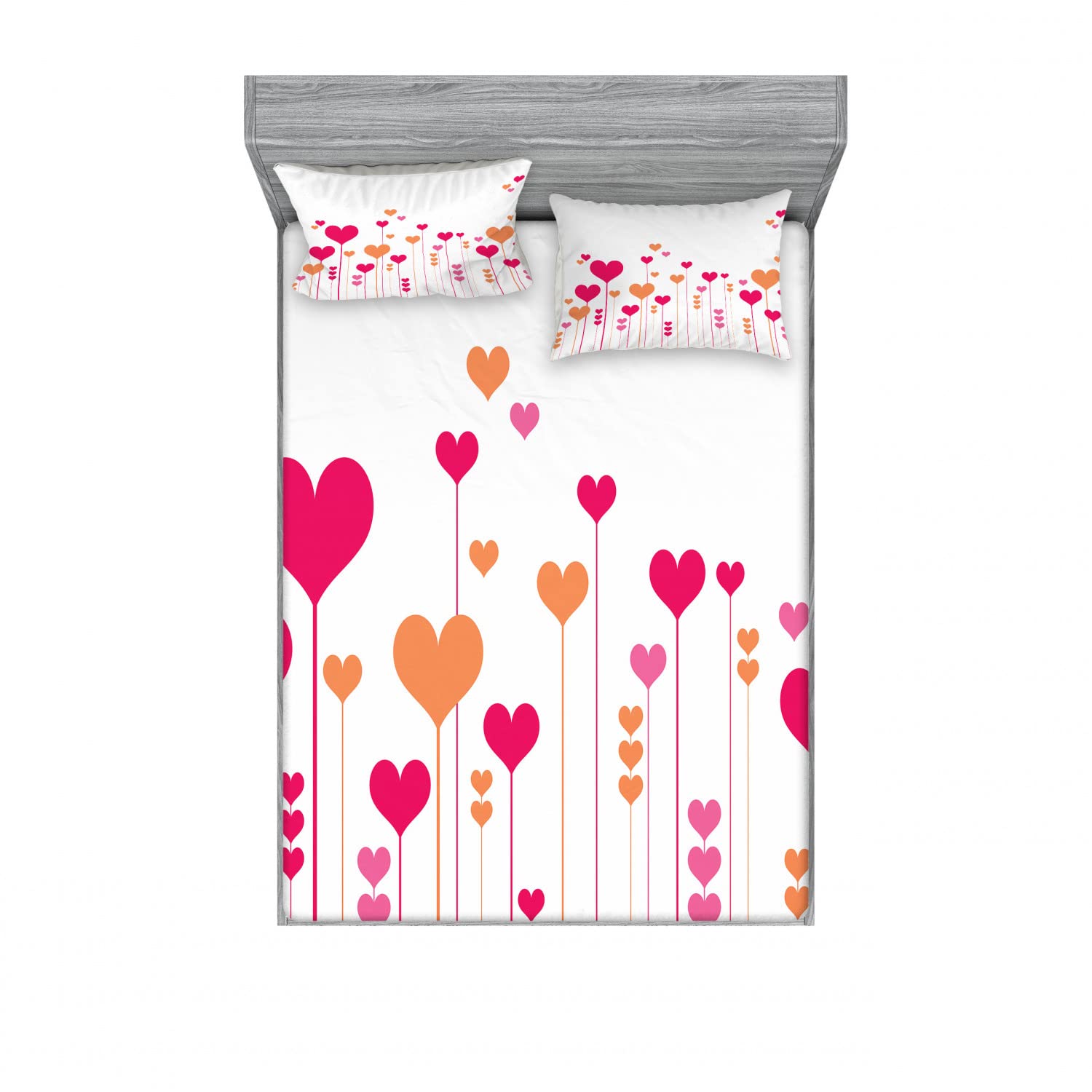 Lunarable 2-Pack Queen Size Fitted Sheet & Pillow Sham Set - Abstract Hearts Flowers Romantic Bedding Decor (4-Piece Set, Pale Orange Magenta) for Master Bedroom, Guest Room & Vacation Home