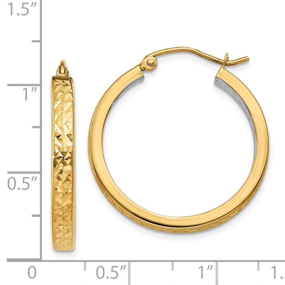 14K Yellow Gold Two-Tone Square Diamond-Cut Hoop Earrings 27mm - Elegant Lightweight Dangle Earrings for Women, Perfect for Parties, Weddings & Everyday Wear