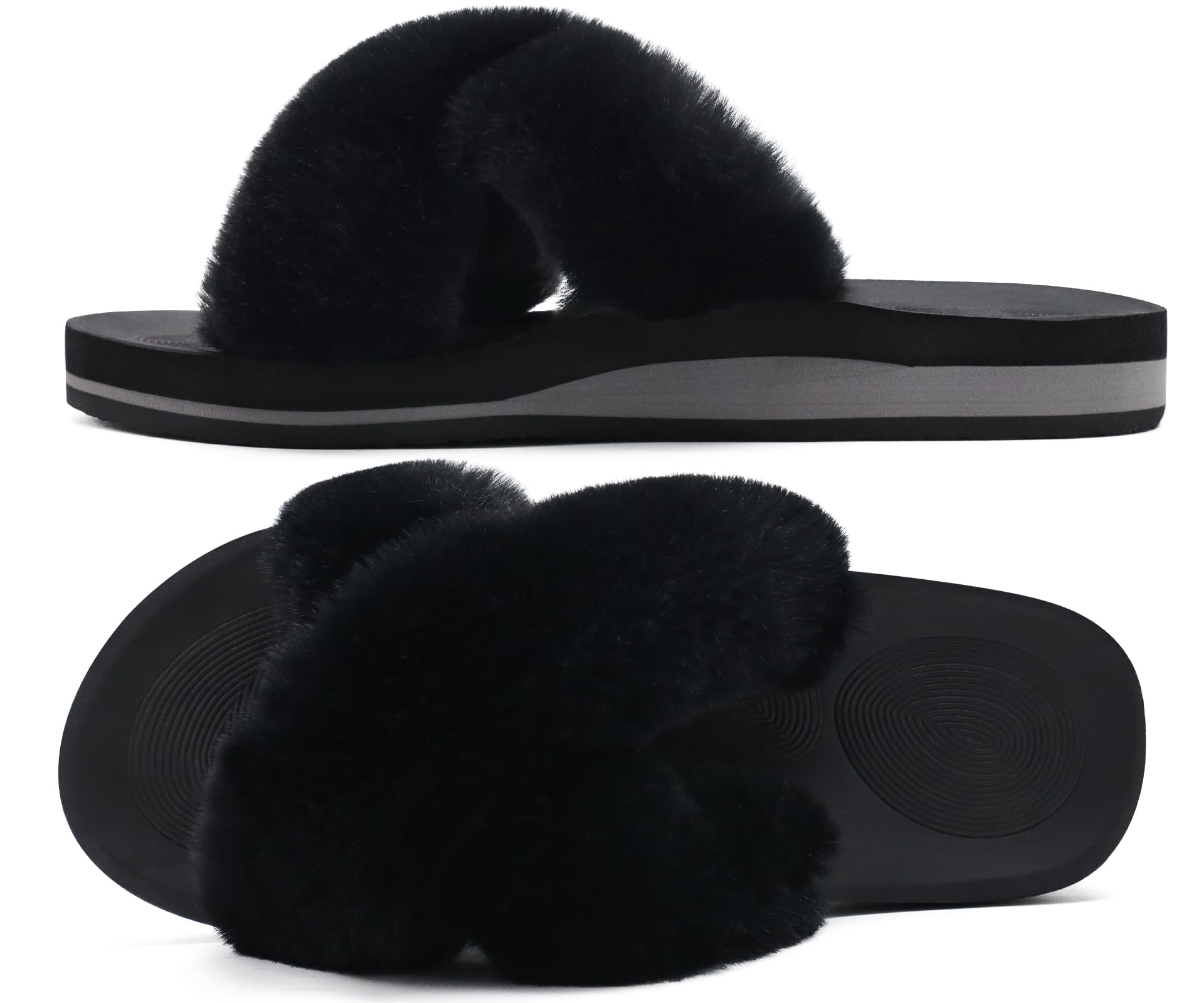 COFACE Women's Fuzzy Slides - Fluffy Faux Fur House Slippers with Arch Support, Open Toe Comfort Sandals for Indoor/Outdoor Wear - Perfect for Yoga, Lounging at Home, and Quick Outdoor Errands