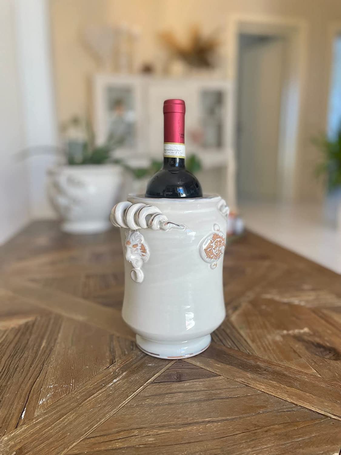 Italian Ceramic Utensil Holder - Hand Painted Wine Bottle Holder, Rustic Tuscan Art Pottery, White Shabby Chic Design, Made in Italy | Perfect for Kitchen Organization & Wine Storage Decor