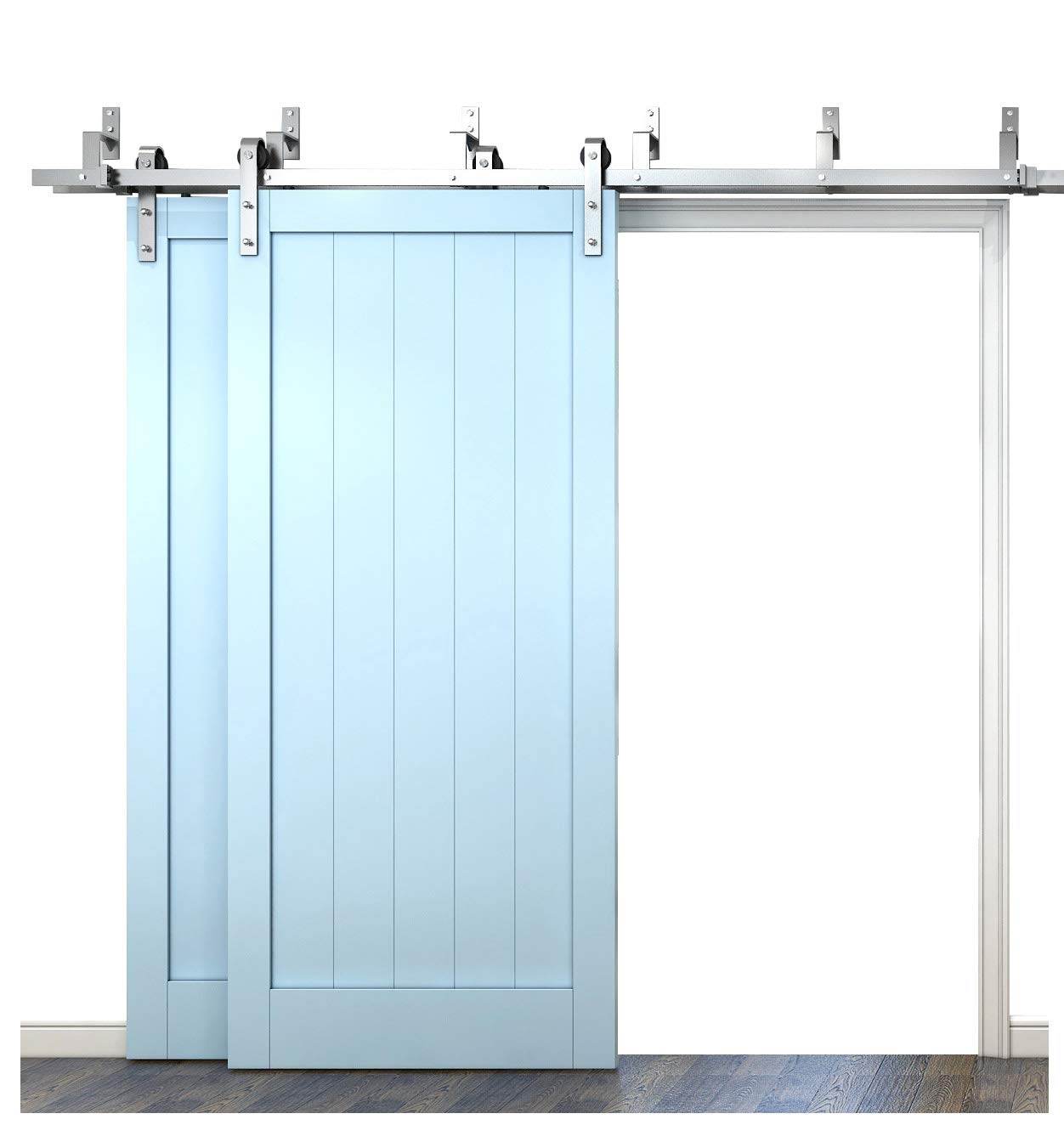 DIYHD 5ft Brushed Nickel Steel Bypass Double Sliding Barn Door Hardware Kit - Easy Mount One Piece Bracket for Bedroom, Closet & Farmhouse Style Doors