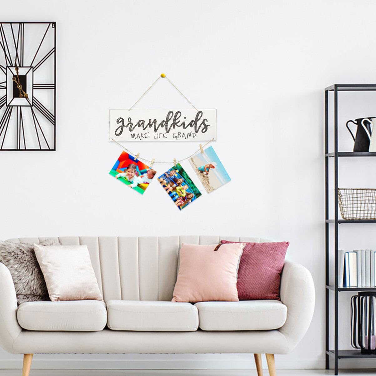 Garneck Mini Wooden Hanging Photo Frame - DIY Picture Display Board with Wooden Clips & Beaded Ropes for Grandparents, Home Decor (White) | Perfect for Living Room Walls, Nursery Decor & Family Gift Ideas