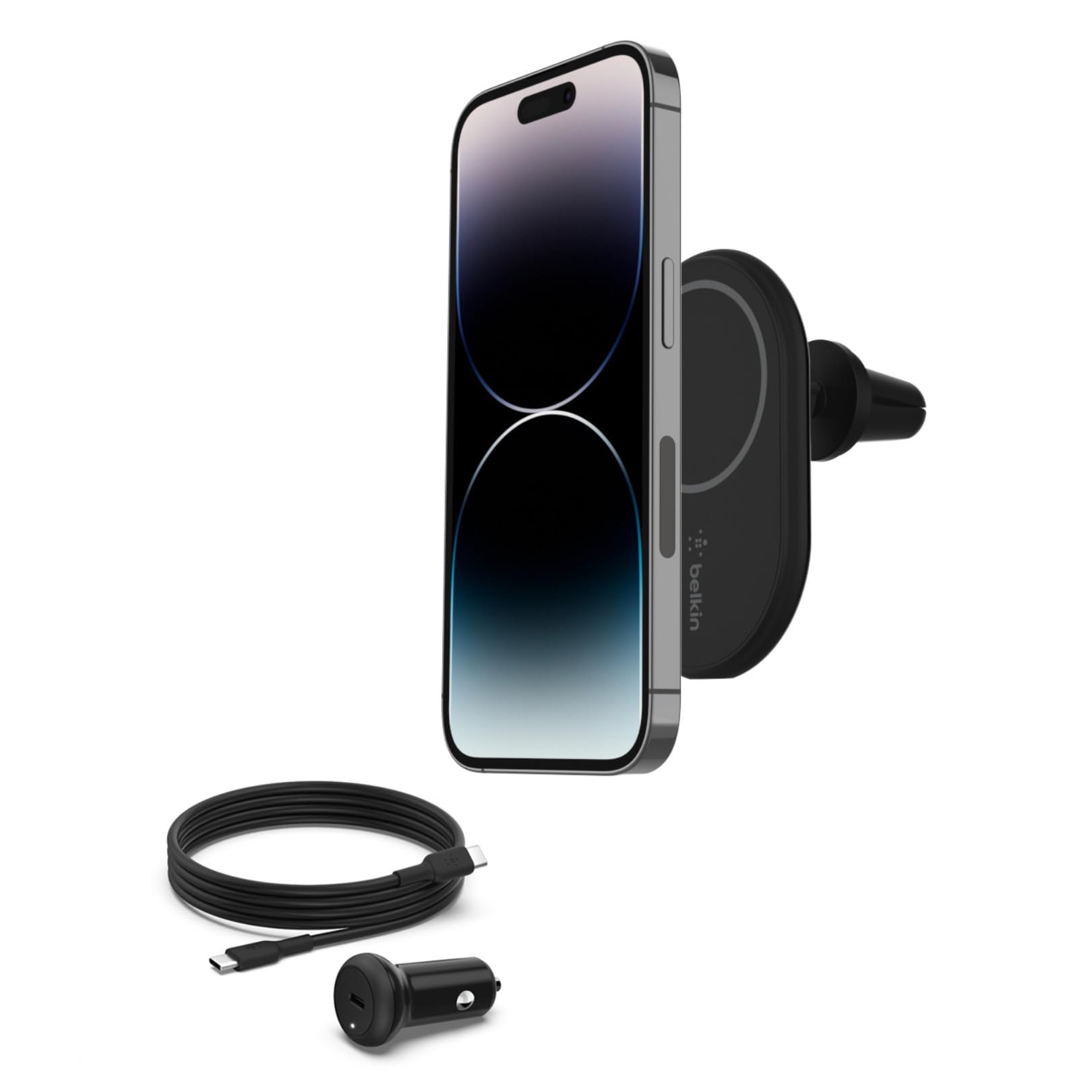 Belkin MagSafe-Compatible 10W Magnetic Wireless Car Charger with Vent Mount - BoostCharge Pro Fast Charging for iPhone 16/15/14/13 Series (Includes Power Adapter, Black) | Perfect for Safe Hands-Free Driving & GPS Navigation