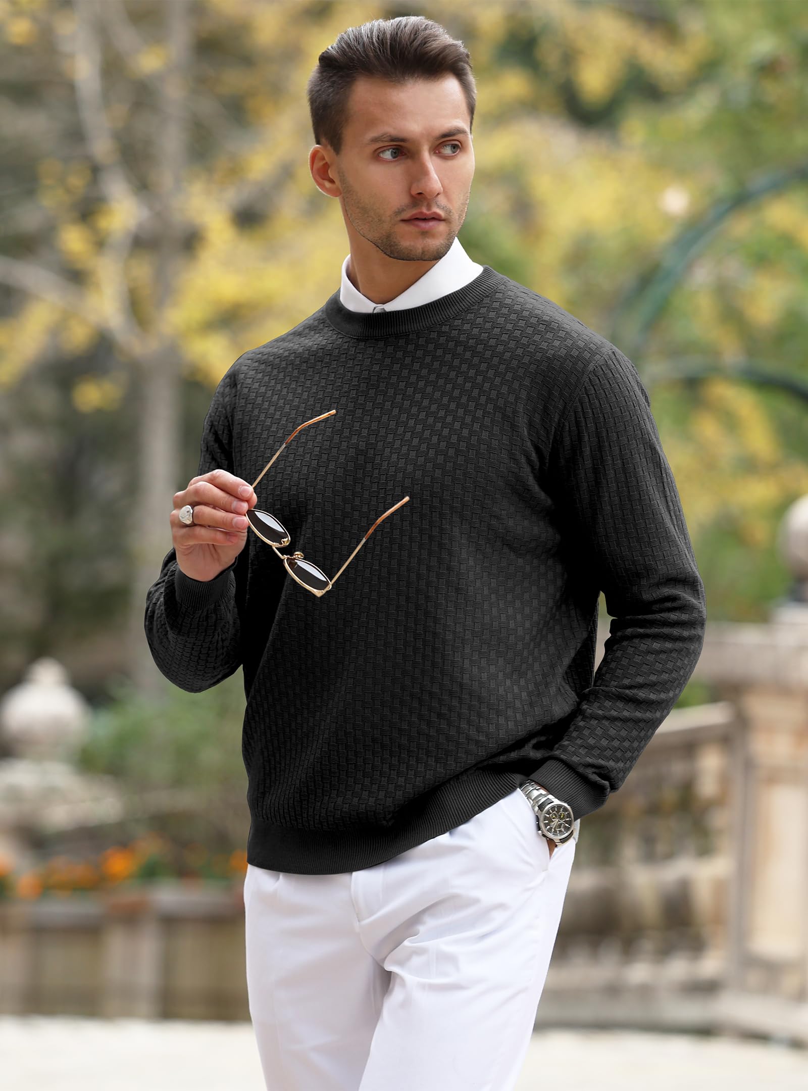 Zaitun Men's Waffle Knit Crewneck Sweater - Casual Long Sleeve Pullover for Fall & Winter | Cozy Office Wear & Weekend Outfits