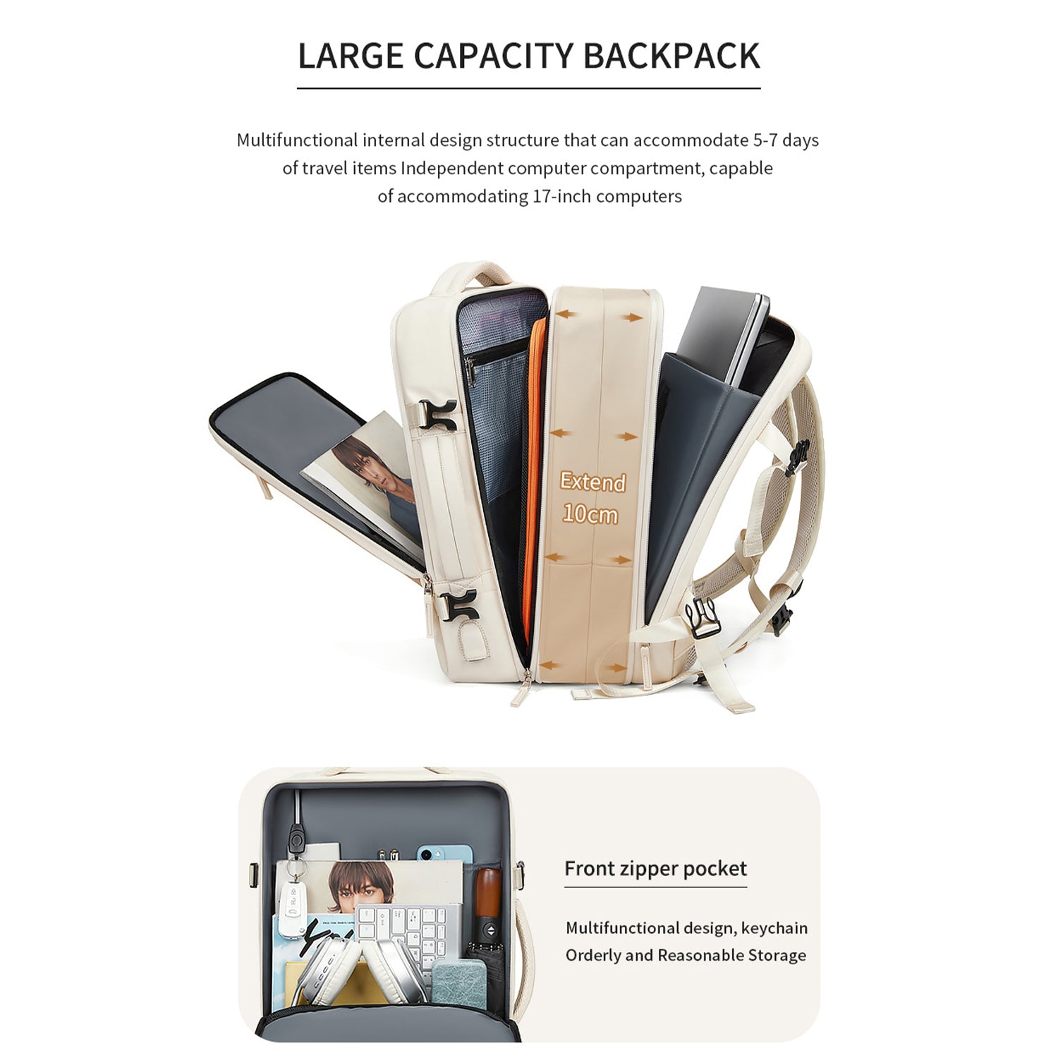 VBP100 - Large Travel Backpack with USB Charging Port, Waterproof Expandable Carry On Backpack for Weeklong Trips - Perfect for Business Travel, Hiking & Airplane Carry On Luggage