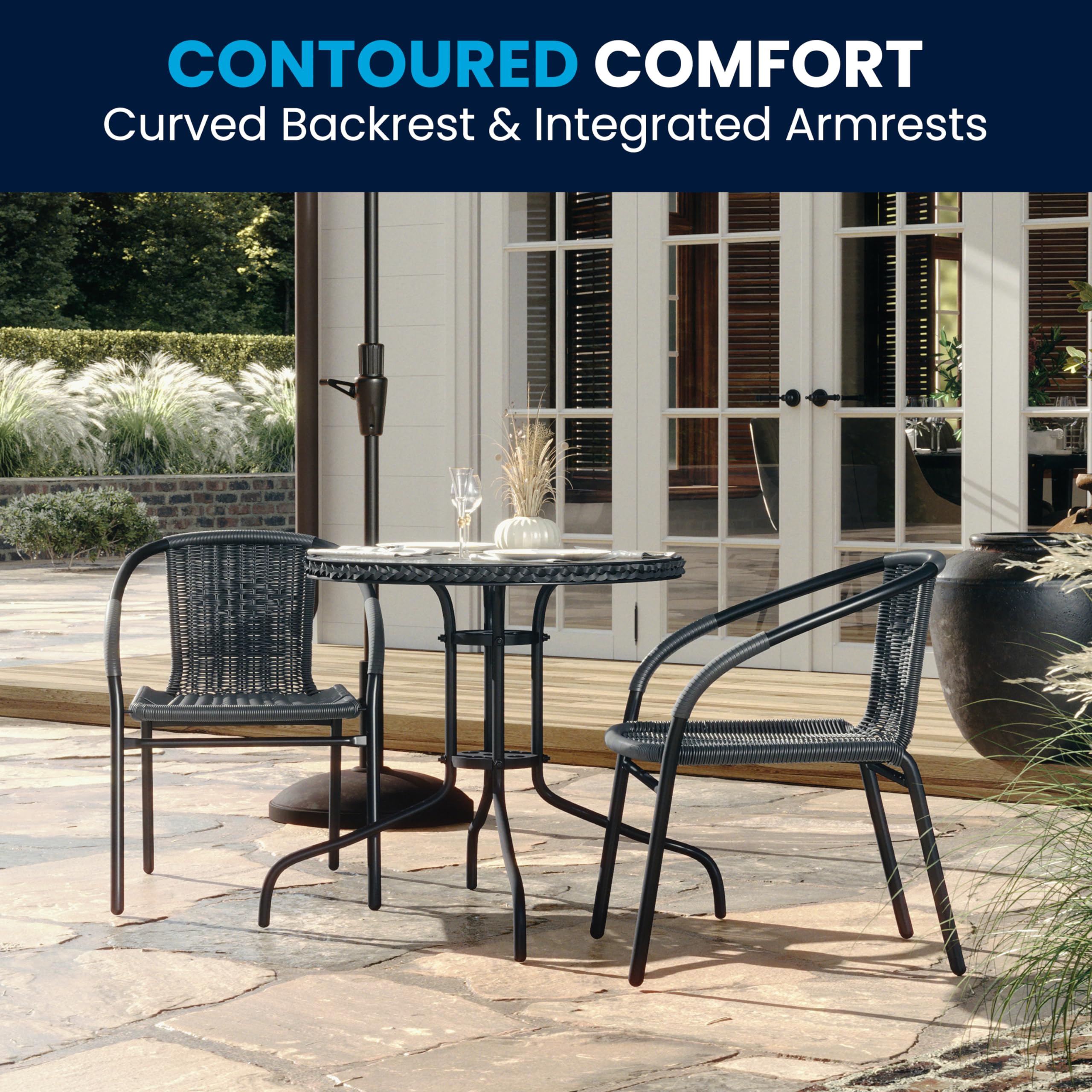 Flash Furniture 3-Piece Outdoor Dining Set - Round Glass Top Metal Table with 2 Stackable Wicker Chairs, Gray Bistro Set for Patio, Garden, Balcony & Backyard Relaxation