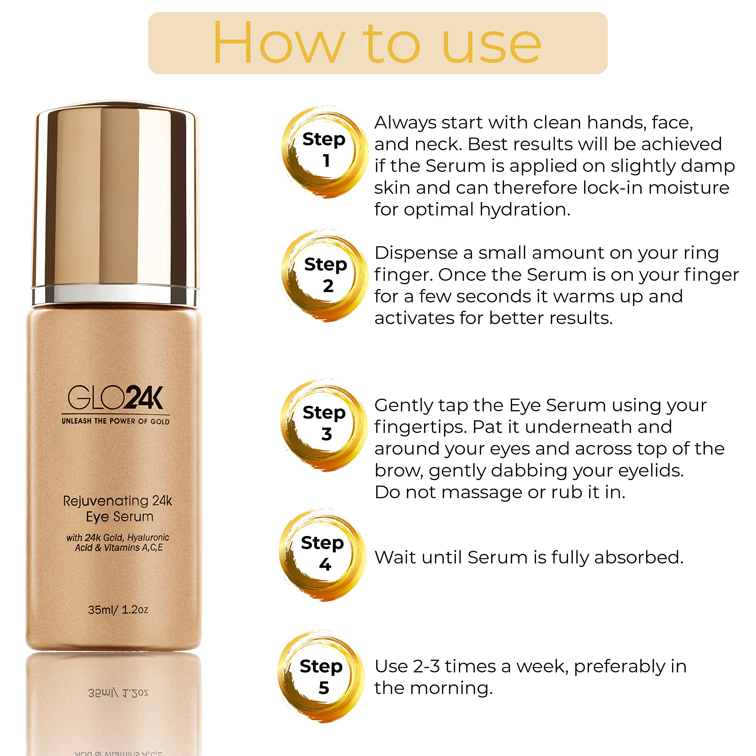 GLO24K Gold Eye Serum - Anti-Aging Treatment with 24K Gold, Vitamins & Hyaluronic Acid - Reduce Dark Circles & Wrinkles for Brighter, Younger-Looking Eyes (Day & Night Use)