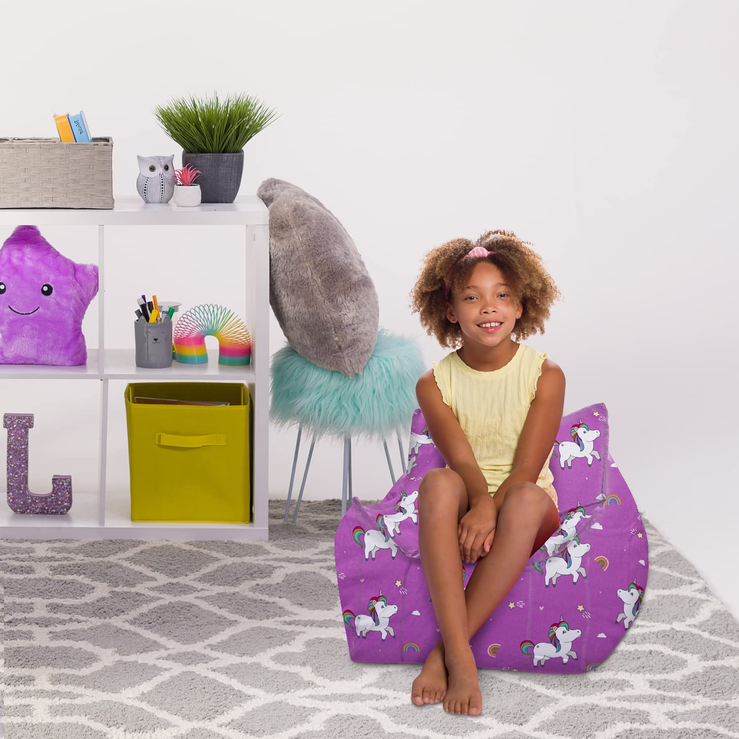 Posh Creations Sturdy Comfortable Bean Bag Chair for Gaming, Reading & TV - Newport Canvas Chair with Unicorn & Rainbows on Purple | Perfect for Kids' Room, Dorm Lounge & Relaxation Space
