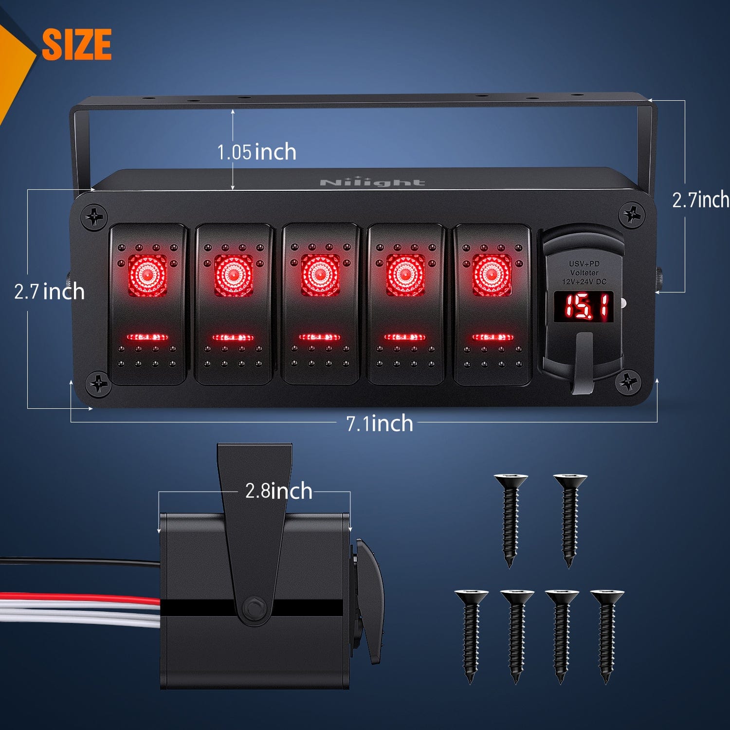 5 Gang Aluminum ON/OFF Rocker Switch Panel with QC 3.0 Dual USB Charger & Voltmeter - Red Backlit for Marine, RV, Truck, and Boat Electrical Systems