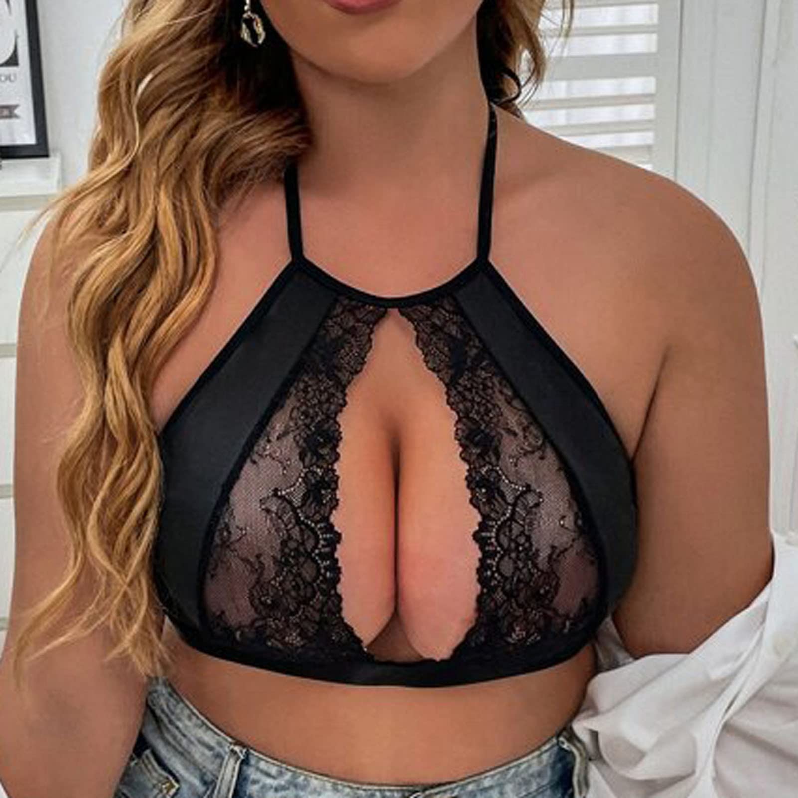 Plus Size Women's Sexy Cut Out Bralette - Floral Lace Unlined Halter Brassiere for Valentine's Nightwear & Boudoir Lingerie | Comfortable for Sleepwear, Date Night & Special Occasions